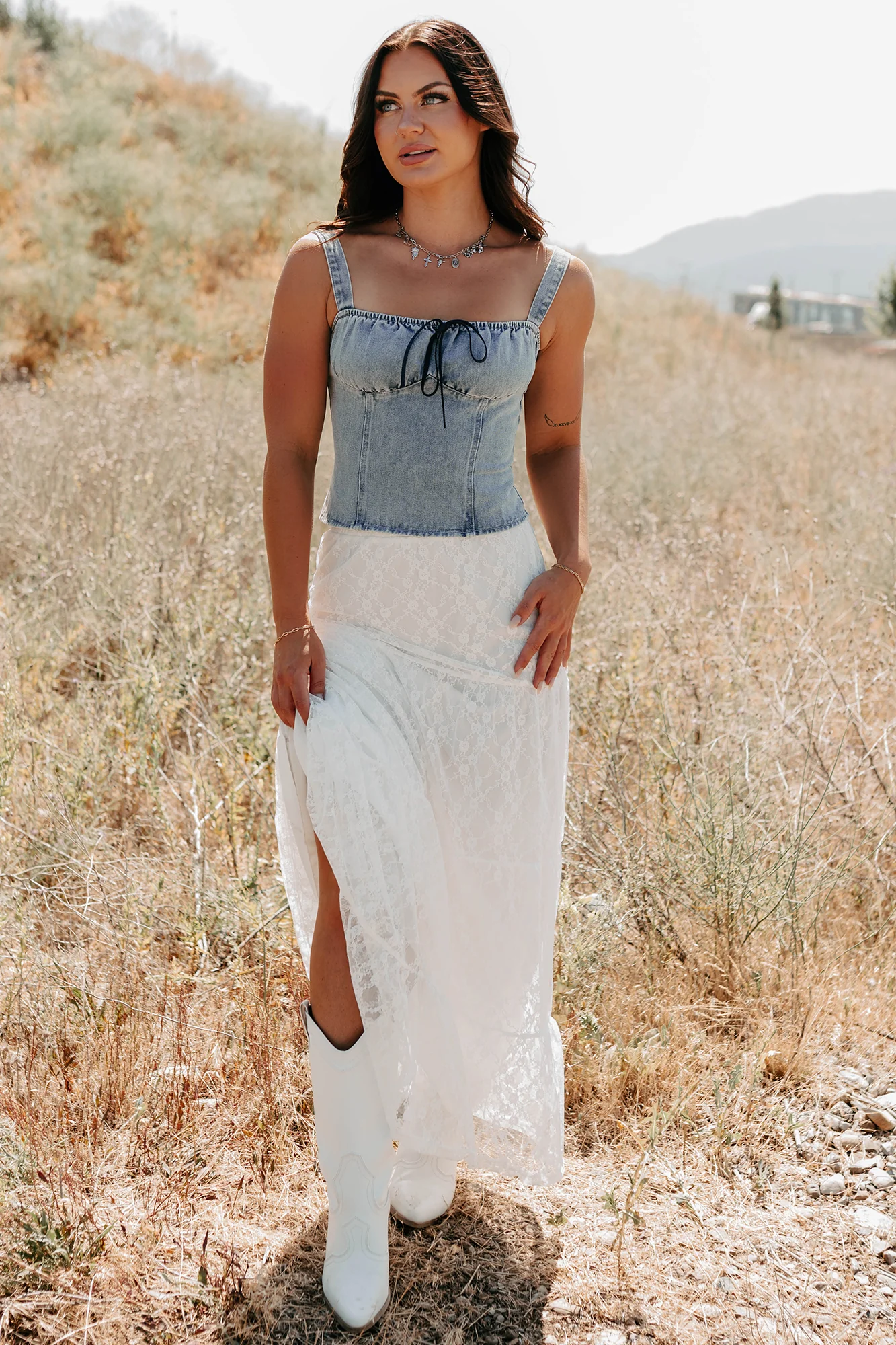 Golden Haze Floral Lace Tiered Maxi Skirt (Off White) - Image 8