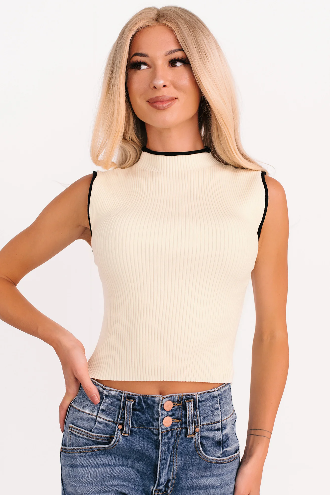 Gonna Go Far Contrast Trim Sleeveless Top (Cream/Black) - Image 5