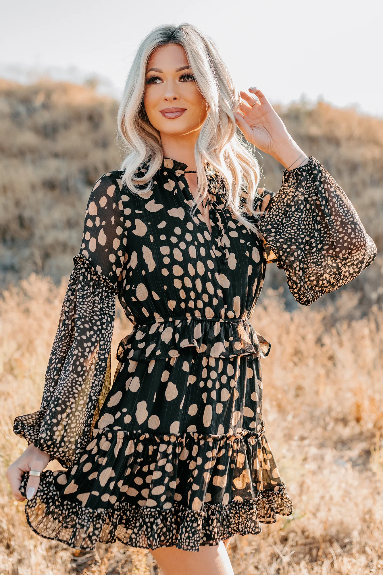 Good As Gold Chiffon Ruffle Mini Dress (Black Print) - Image 2