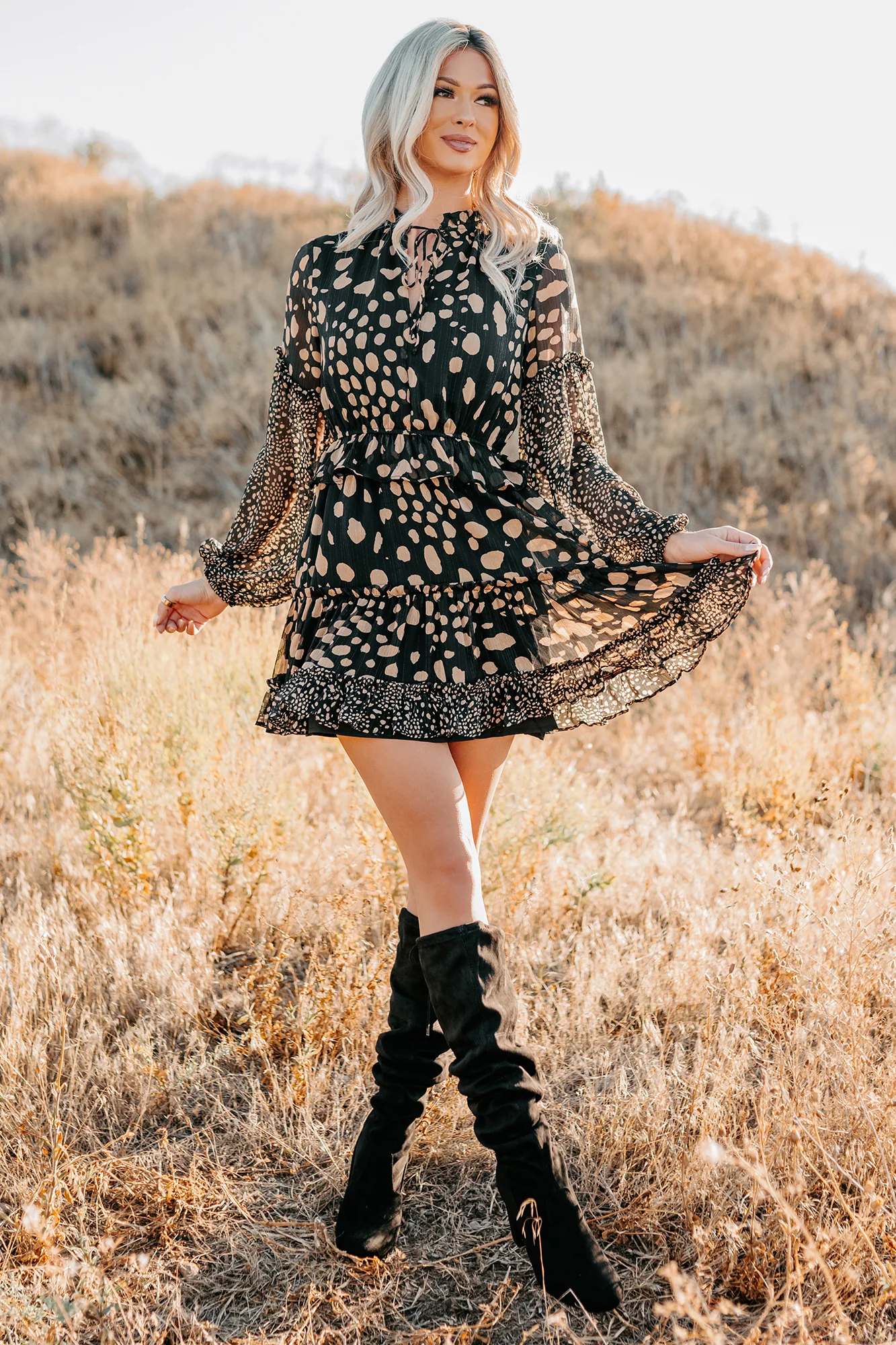 Good As Gold Chiffon Ruffle Mini Dress (Black Print) - Image 3