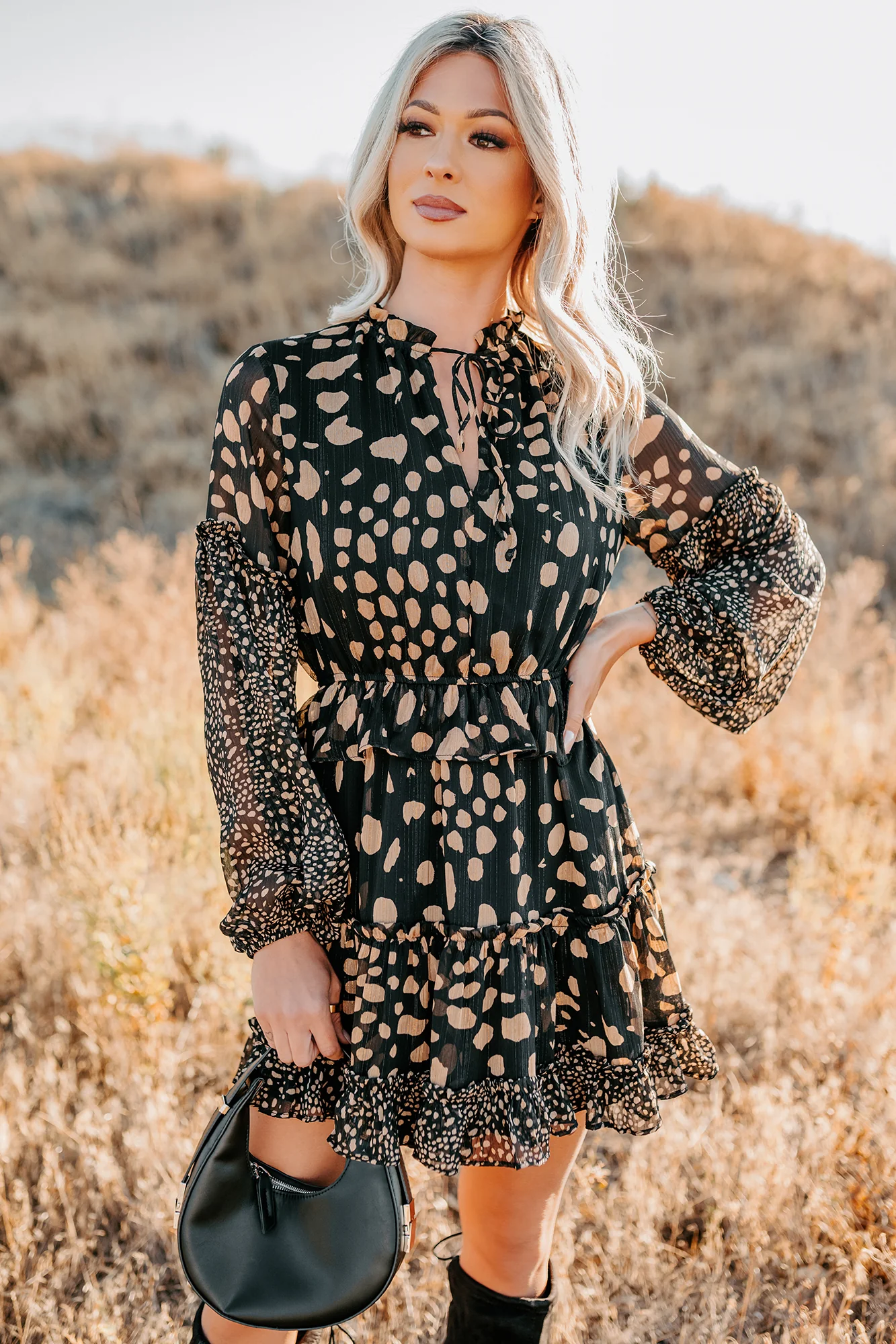 Good As Gold Chiffon Ruffle Mini Dress (Black Print) - Image 8