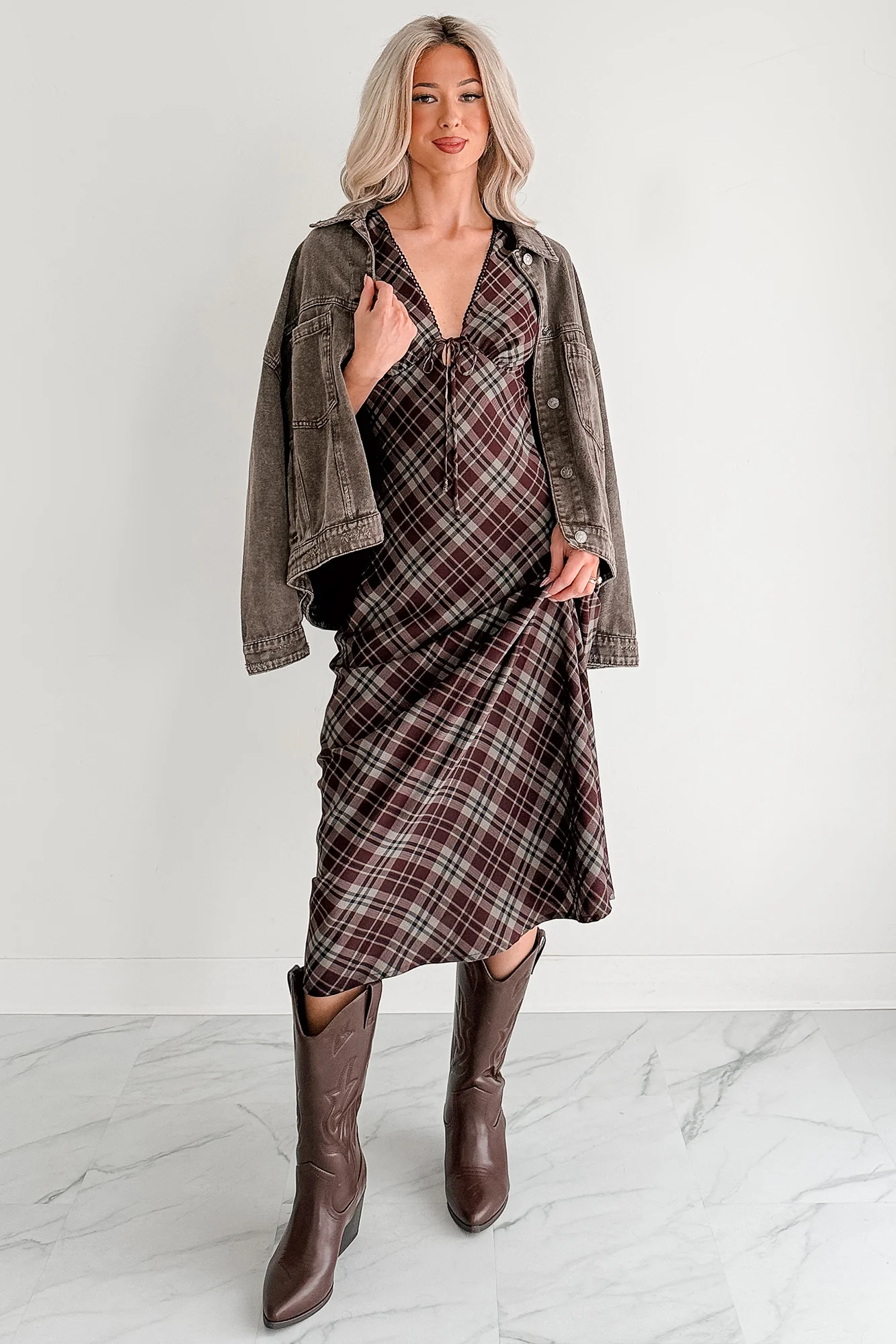 Good Mistake Plaid Deep V-Neck Midi Dress (Burgundy/Taupe) - Image 4