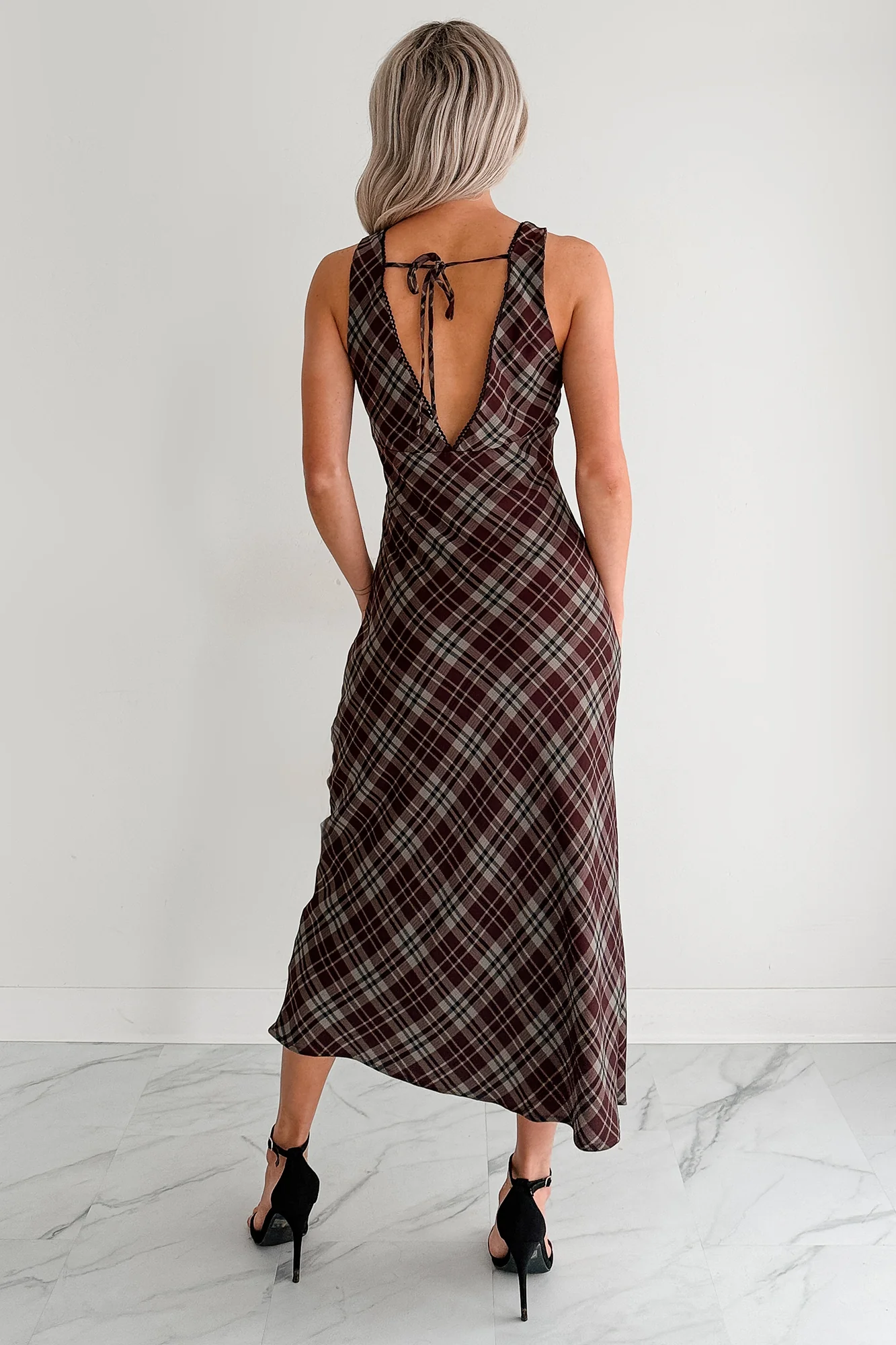 Good Mistake Plaid Deep V-Neck Midi Dress (Burgundy/Taupe) - Image 5