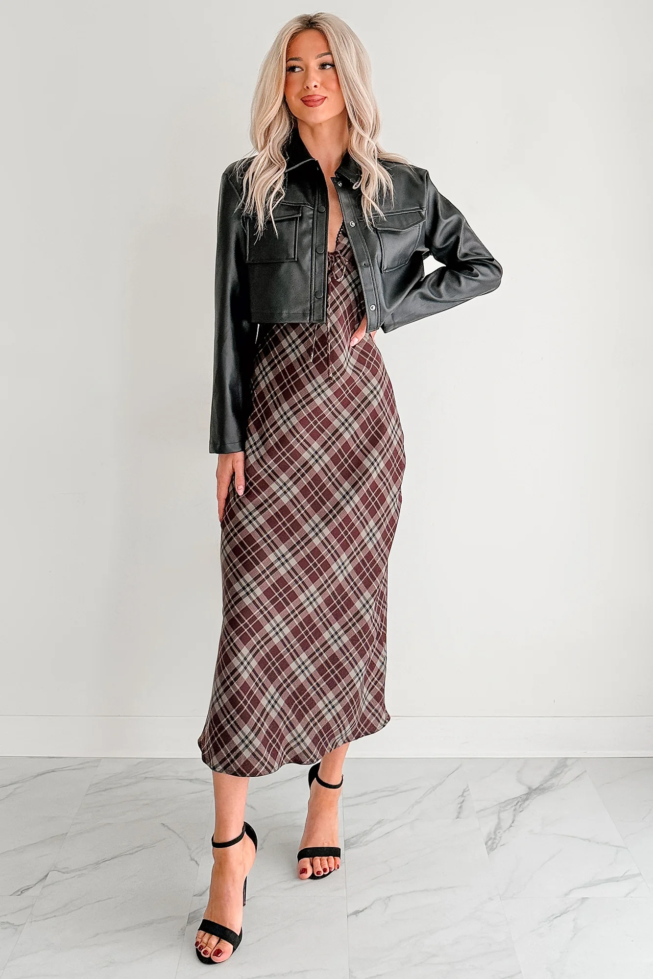 Good Mistake Plaid Deep V-Neck Midi Dress (Burgundy/Taupe) - Image 6
