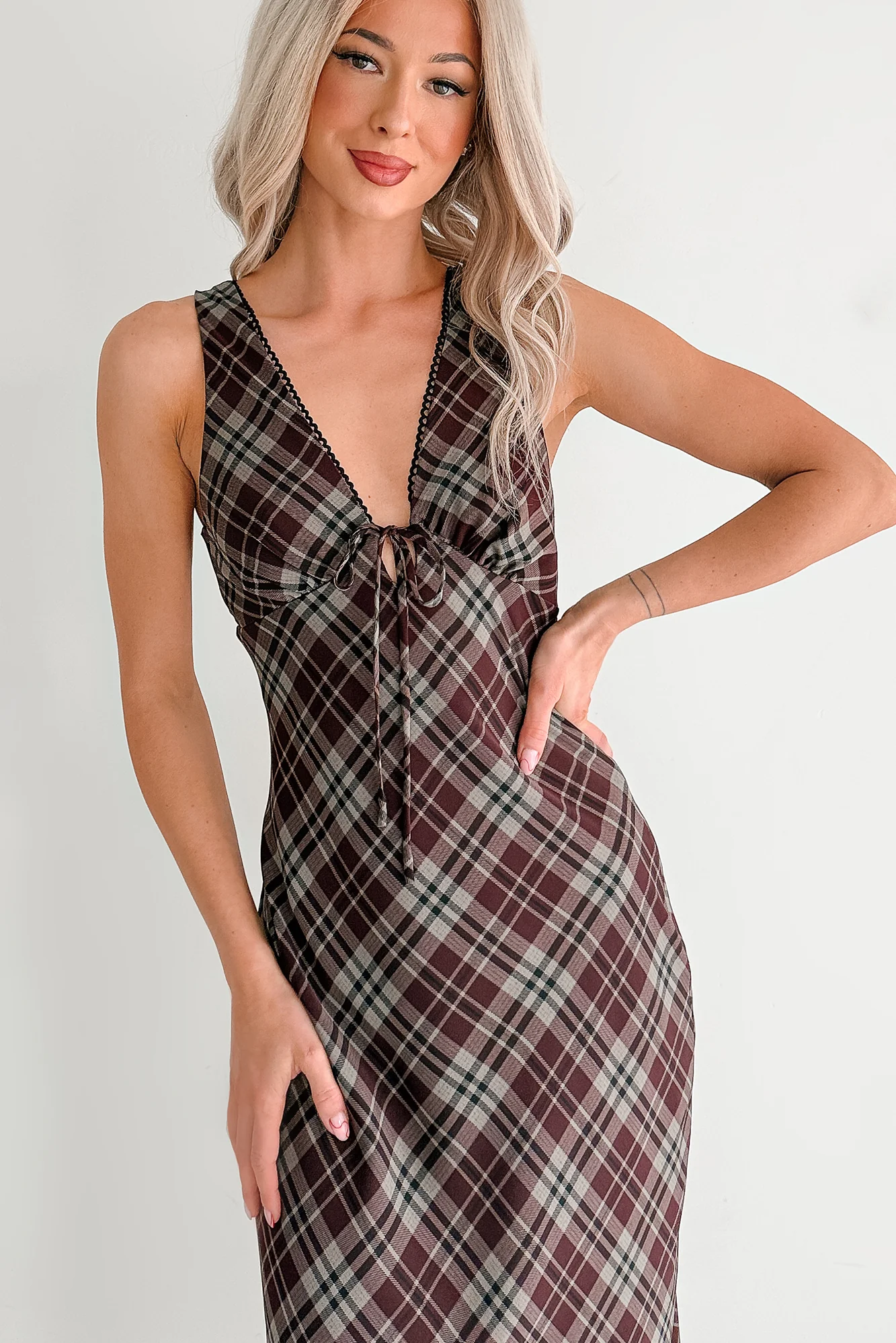Good Mistake Plaid Deep V-Neck Midi Dress (Burgundy/Taupe) - Image 7