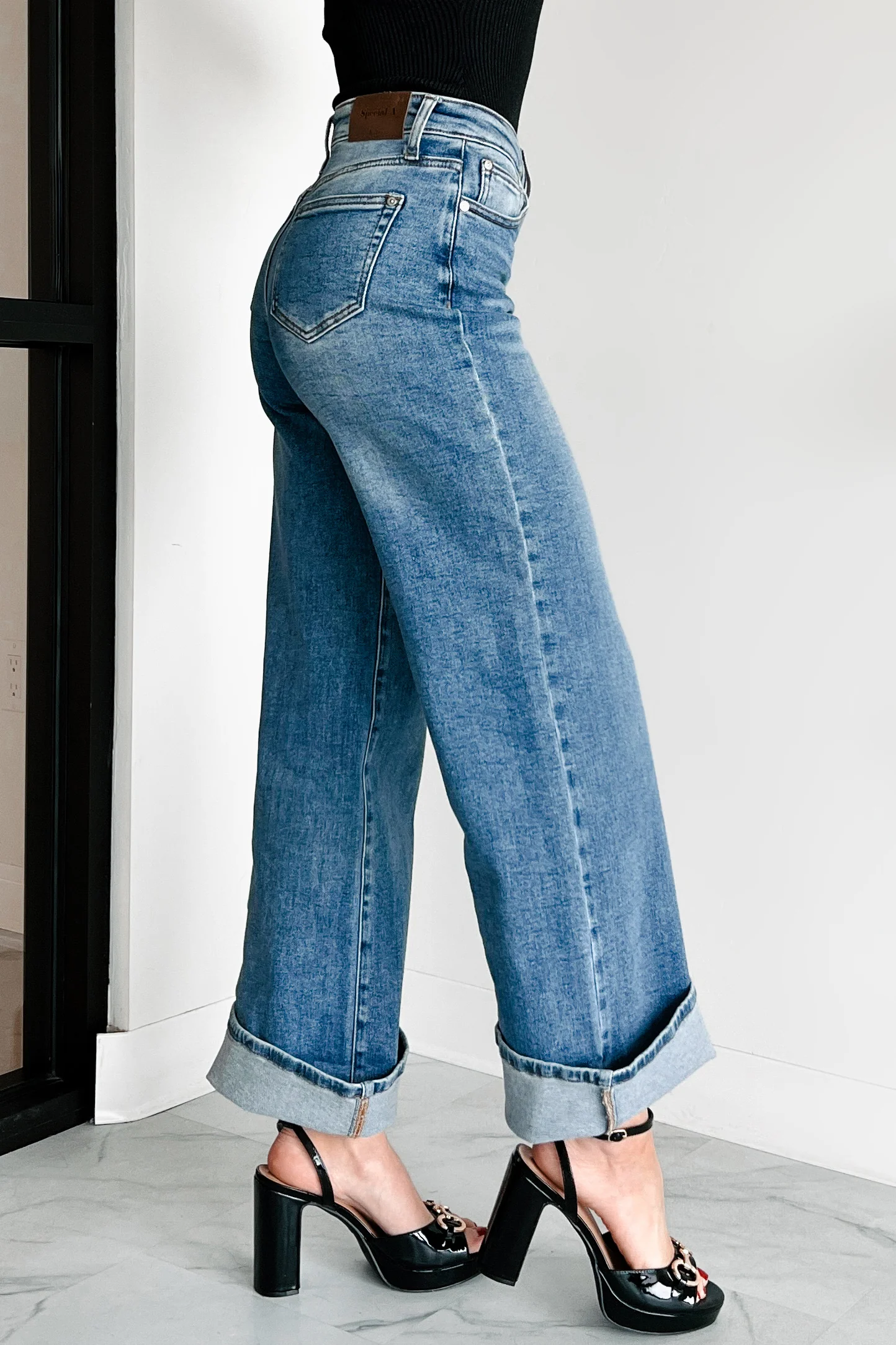 Gordie Mid Rise Special A Cuffed Wide Leg Jeans (Dark) - Image 5