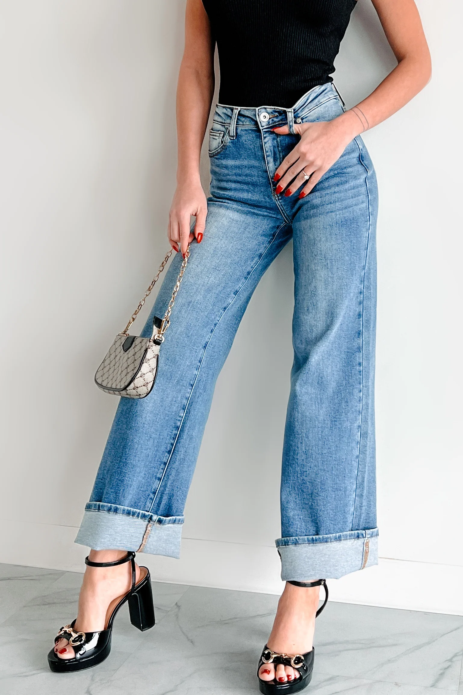 Gordie Mid Rise Special A Cuffed Wide Leg Jeans (Dark) - Image 6
