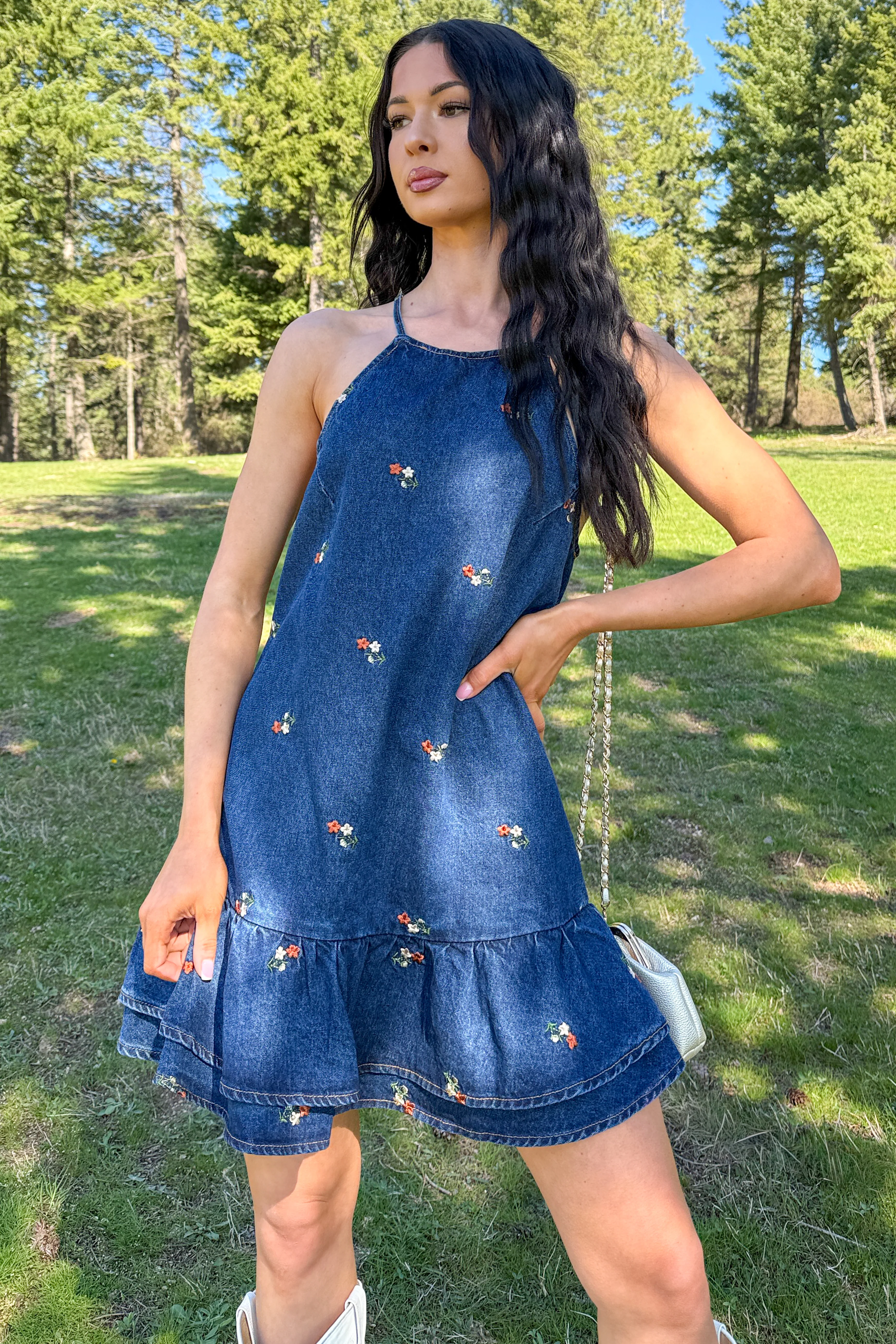 Graceful Grit Halter Floral Mini Dress (Dark Denim) - Image 2