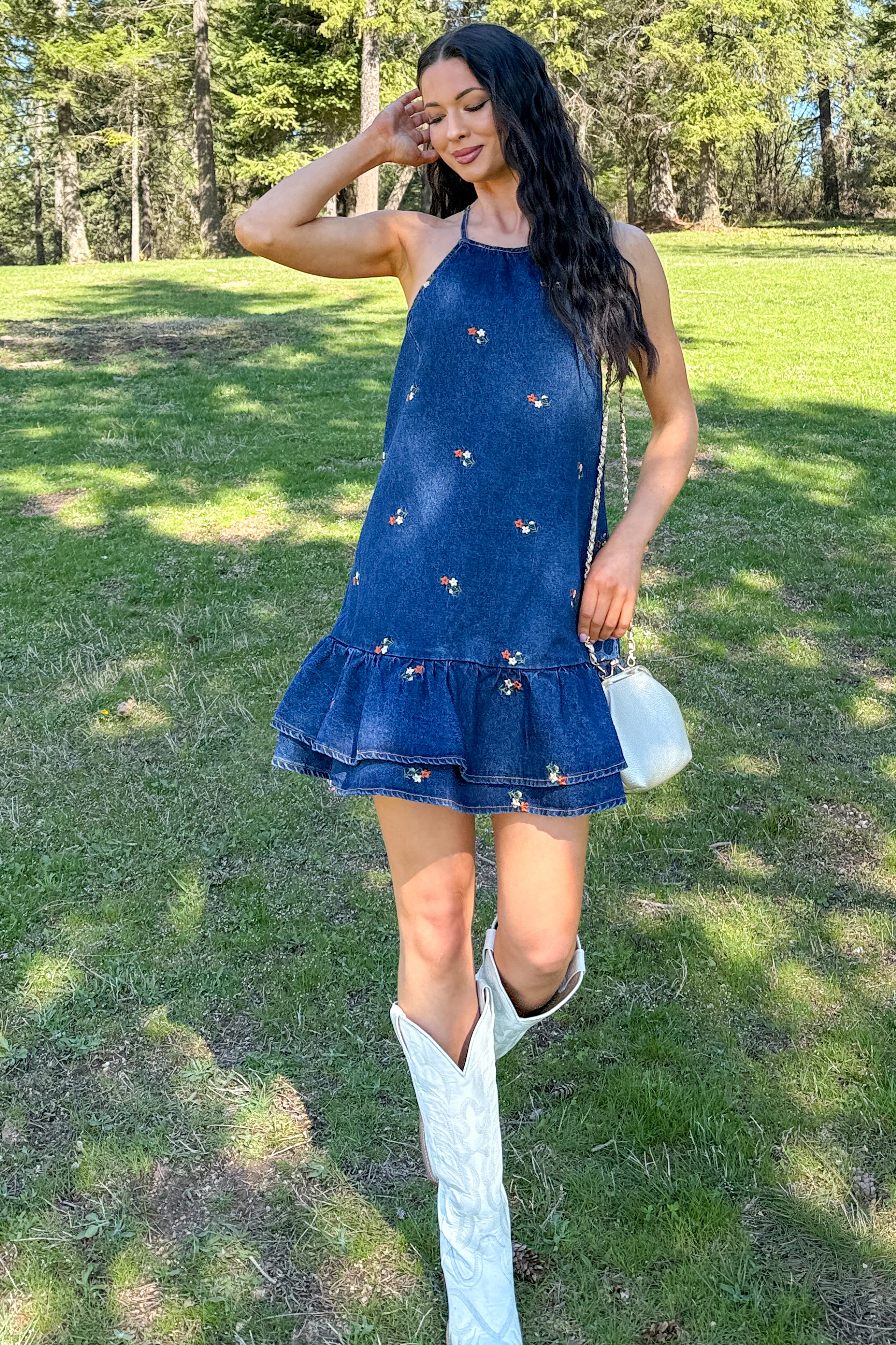 Graceful Grit Halter Floral Mini Dress (Dark Denim) - Image 4