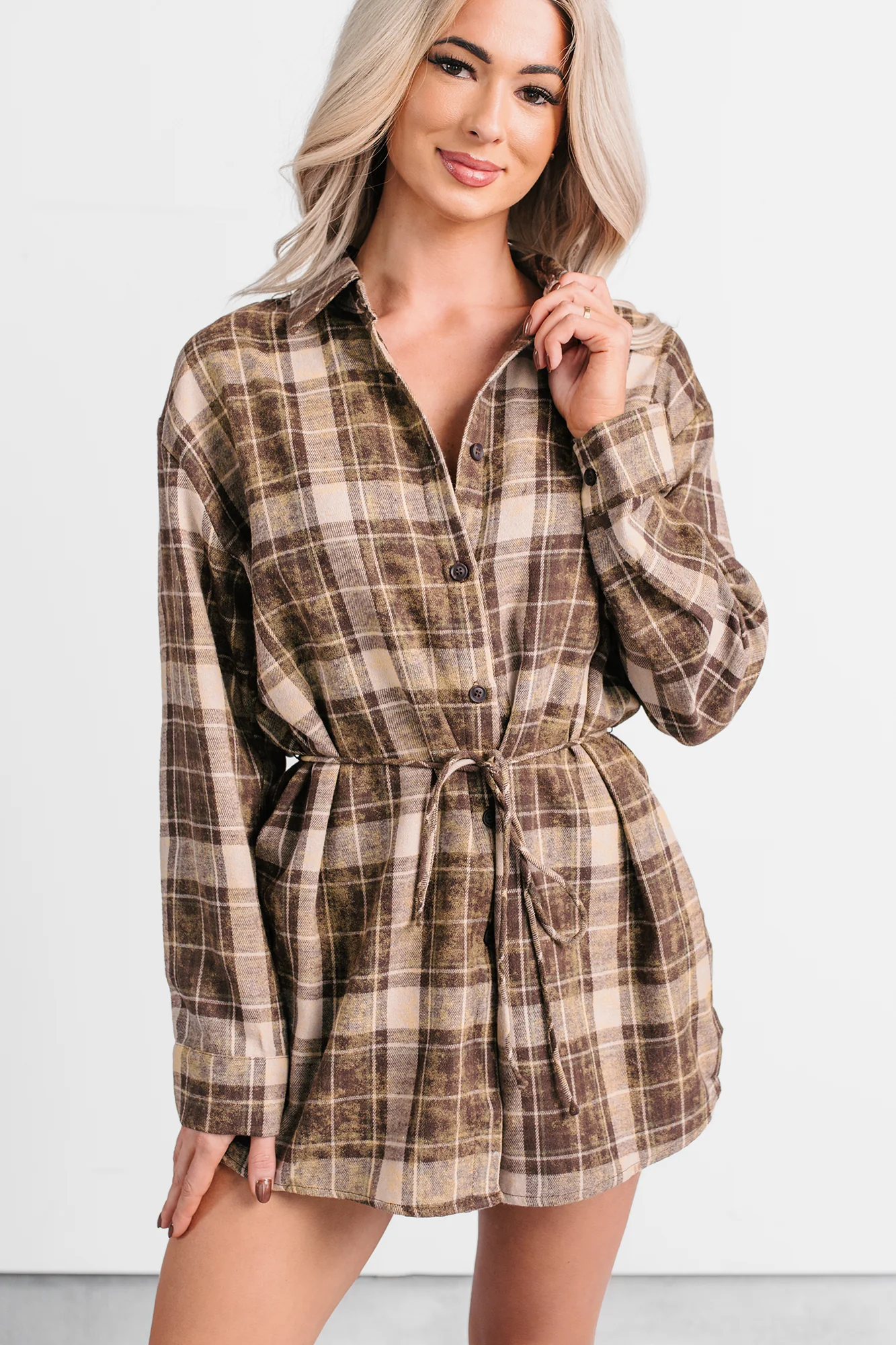 Grounded Ease Waist Tie Plaid Romper (Brown) - Image 3