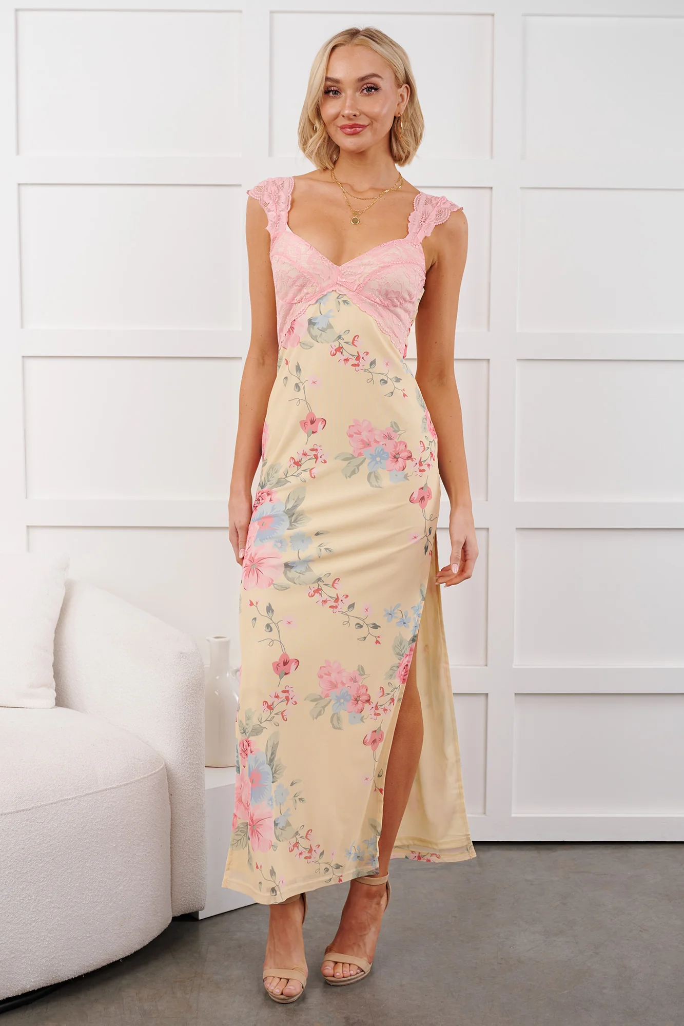 Growing & Glowing Lace Detail Floral Mesh Maxi Dress (Pink/Yellow) - Image 2