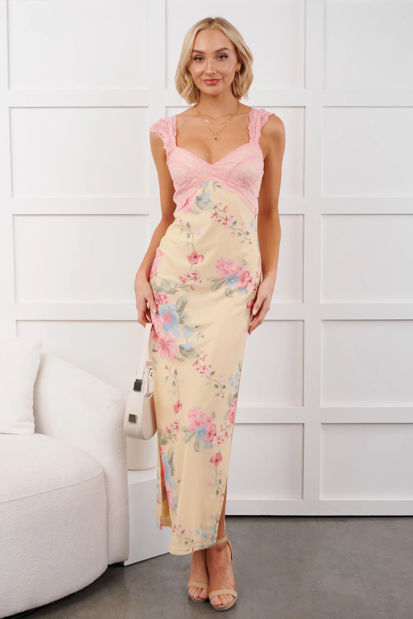 Growing & Glowing Lace Detail Floral Mesh Maxi Dress (Pink/Yellow) - Image 3