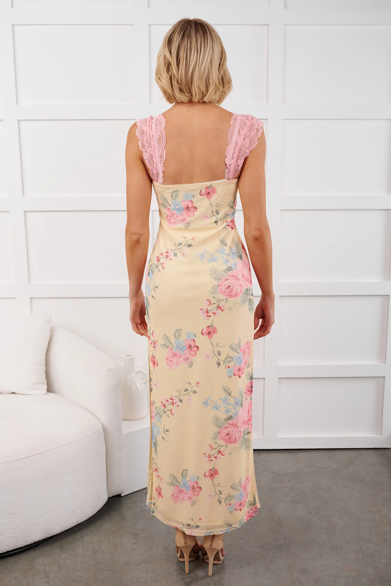 Growing & Glowing Lace Detail Floral Mesh Maxi Dress (Pink/Yellow) - Image 5