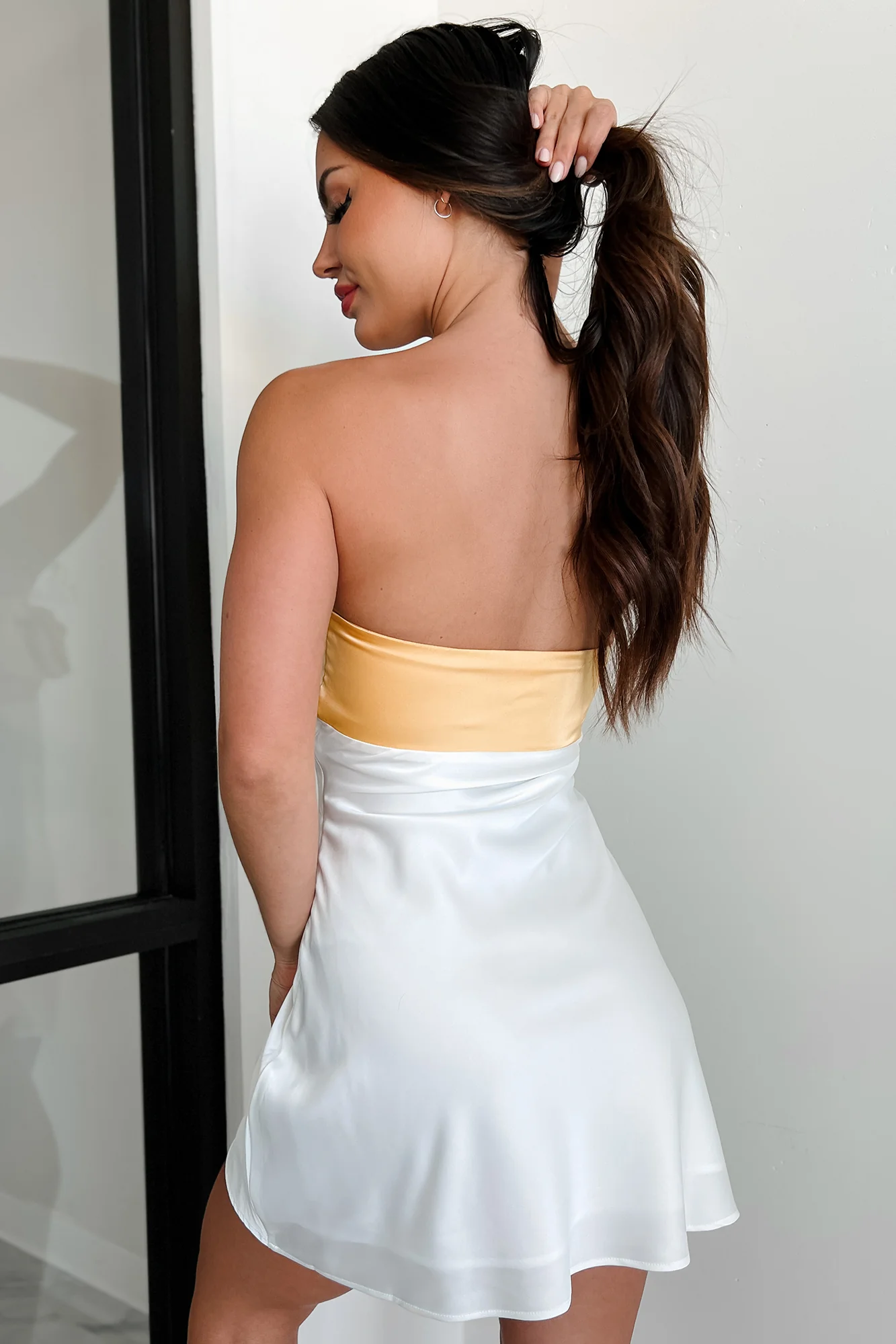 Guests To Impress Strapless Satin Mini Dress (White/Yellow) - Image 4