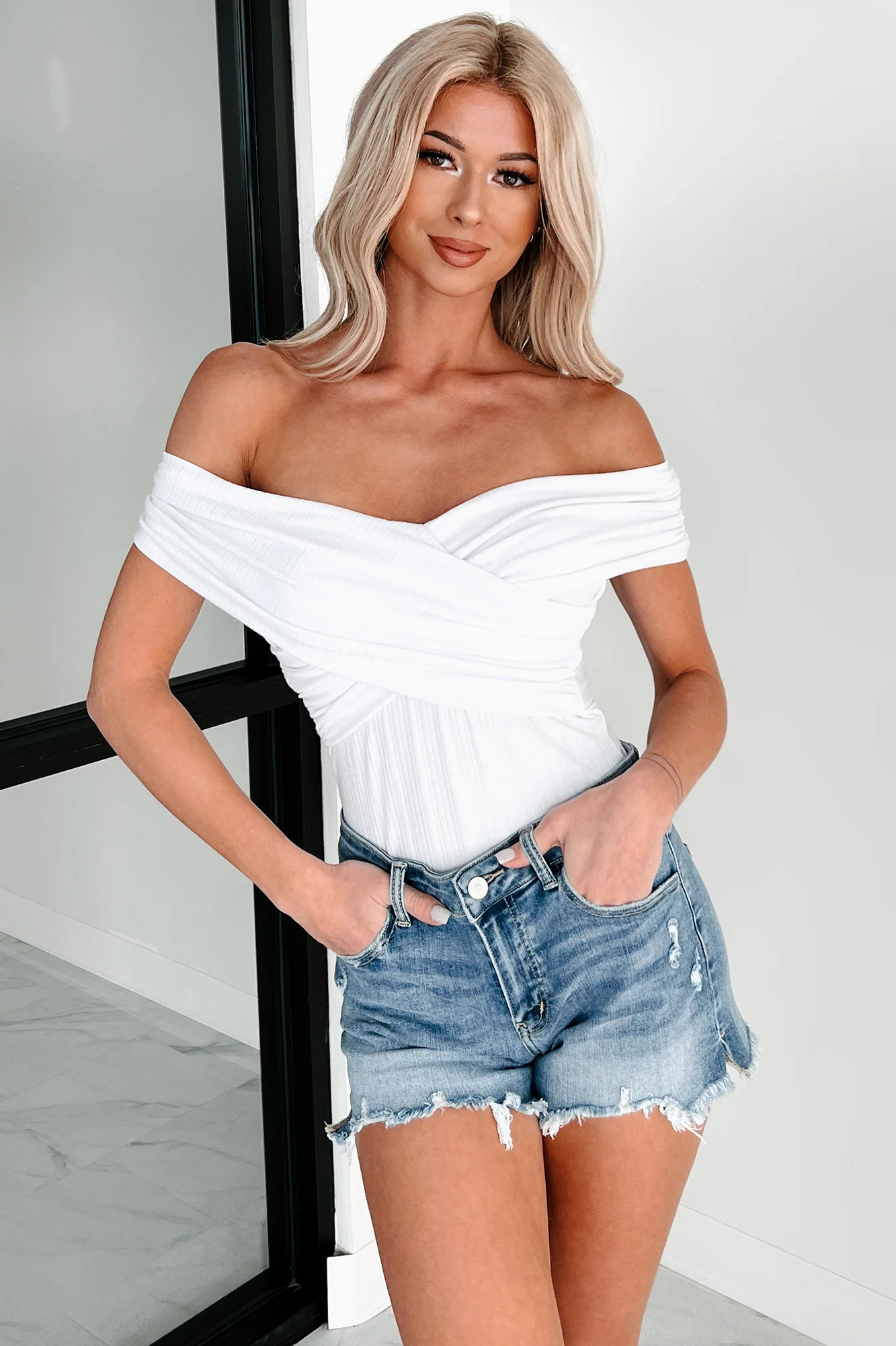 Had Me At Hello Off The Shoulder Ribbed Cross-Over Bodysuit (White) - Image 3
