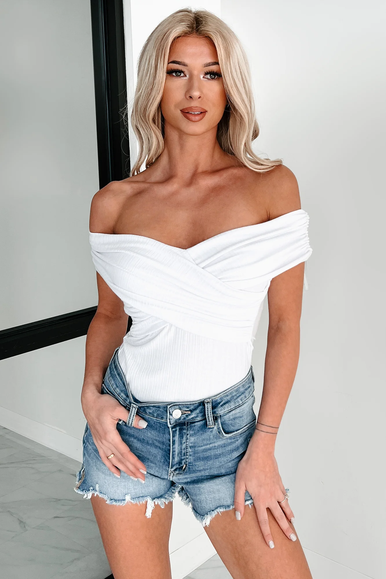 Had Me At Hello Off The Shoulder Ribbed Cross-Over Bodysuit (White) - Image 9