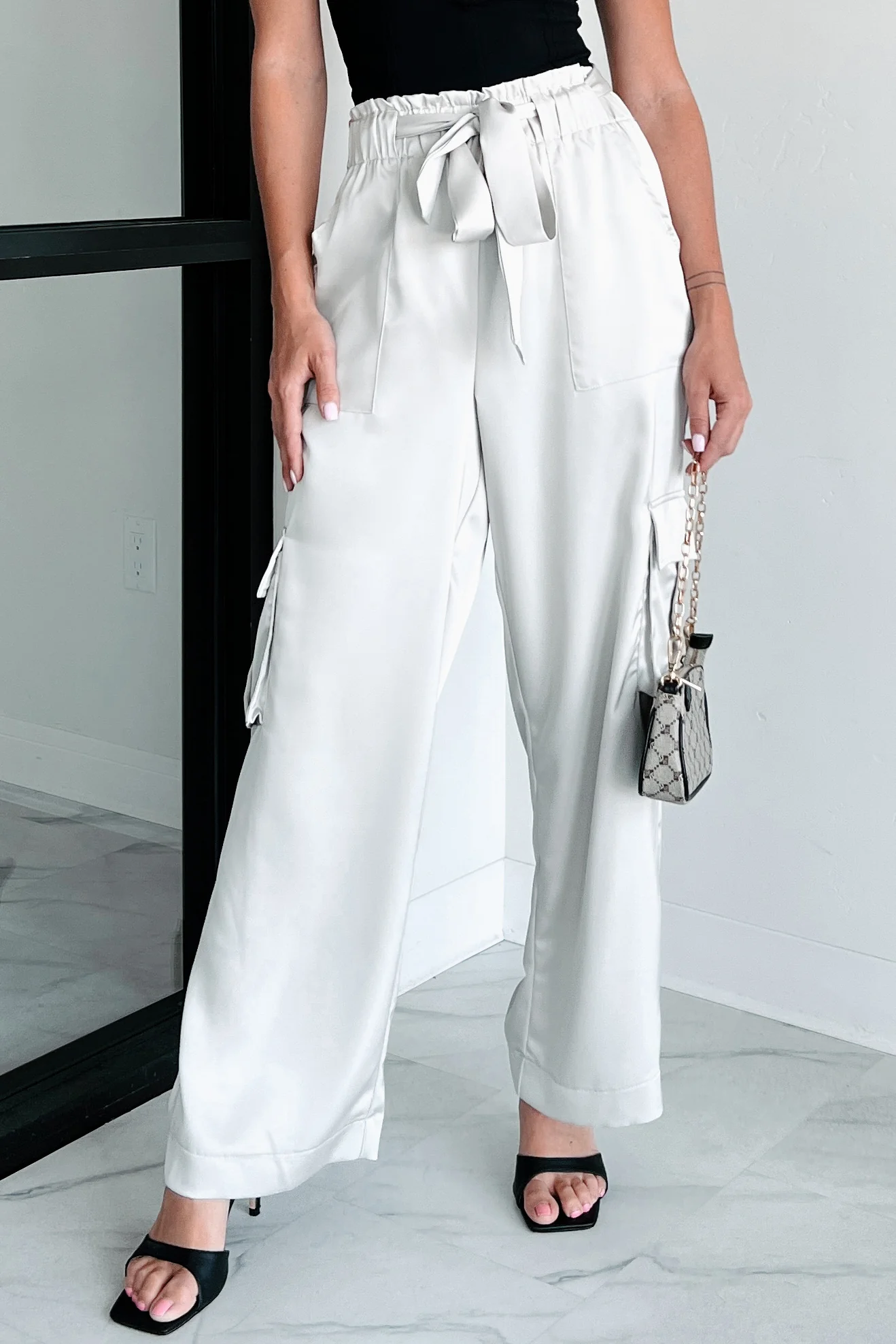 DOORBUSTER Happy Hour Hangs Satin Cargo Pants (Light Grey) - Image 3