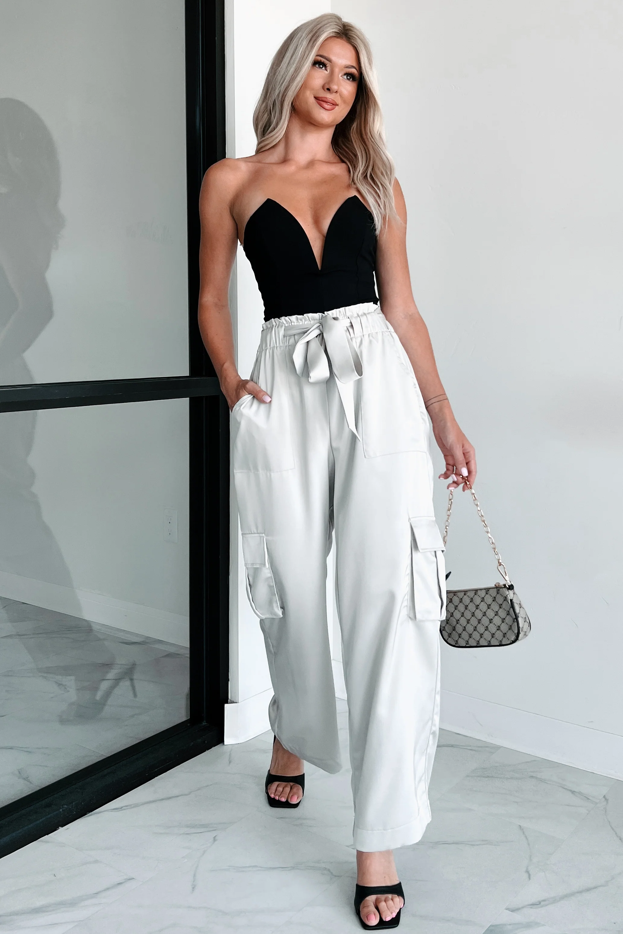 DOORBUSTER Happy Hour Hangs Satin Cargo Pants (Light Grey) - Image 5
