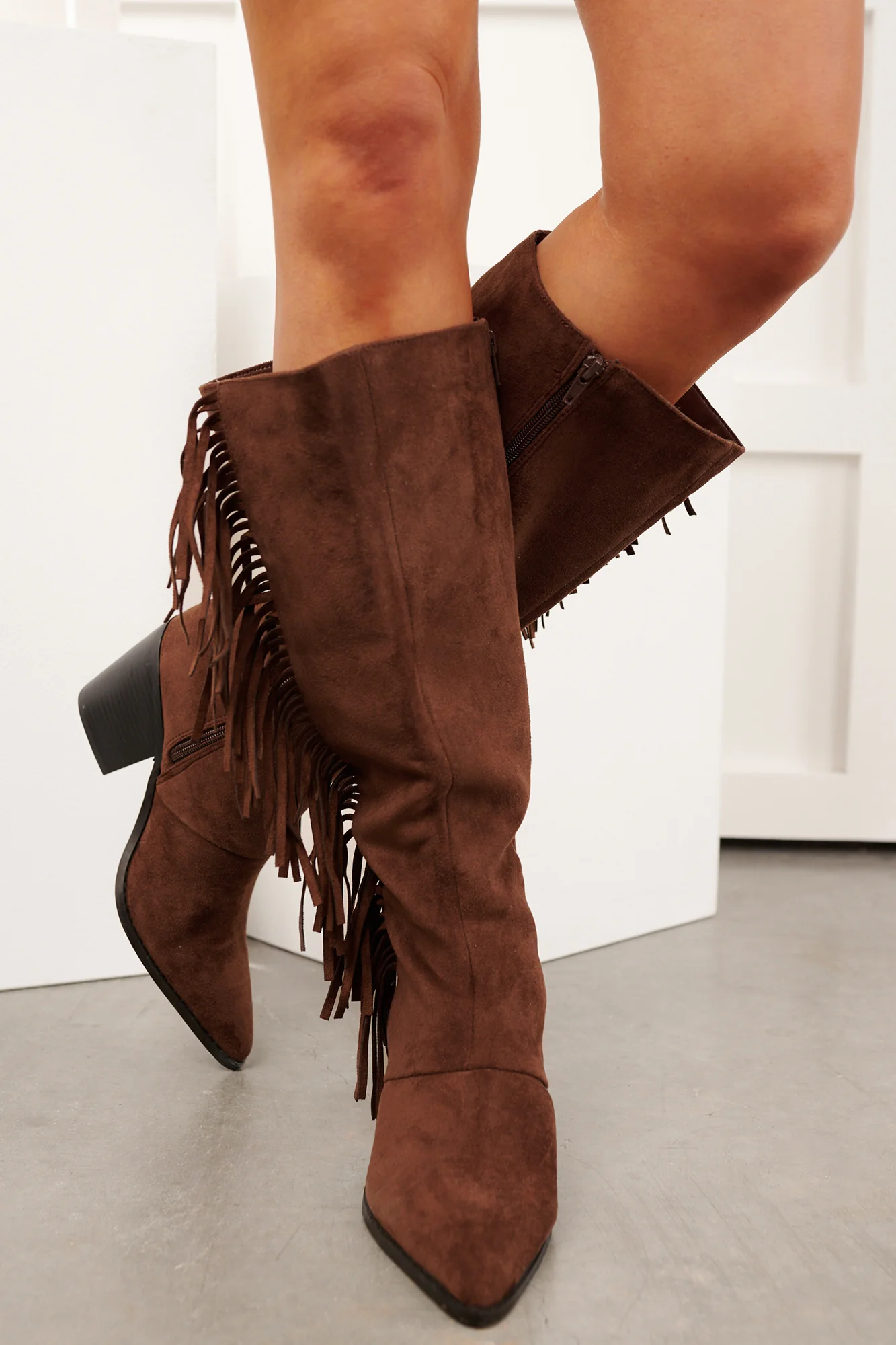 Harvest Heart Faux Suede Fringe Detail Boots (Brown) - Image 2