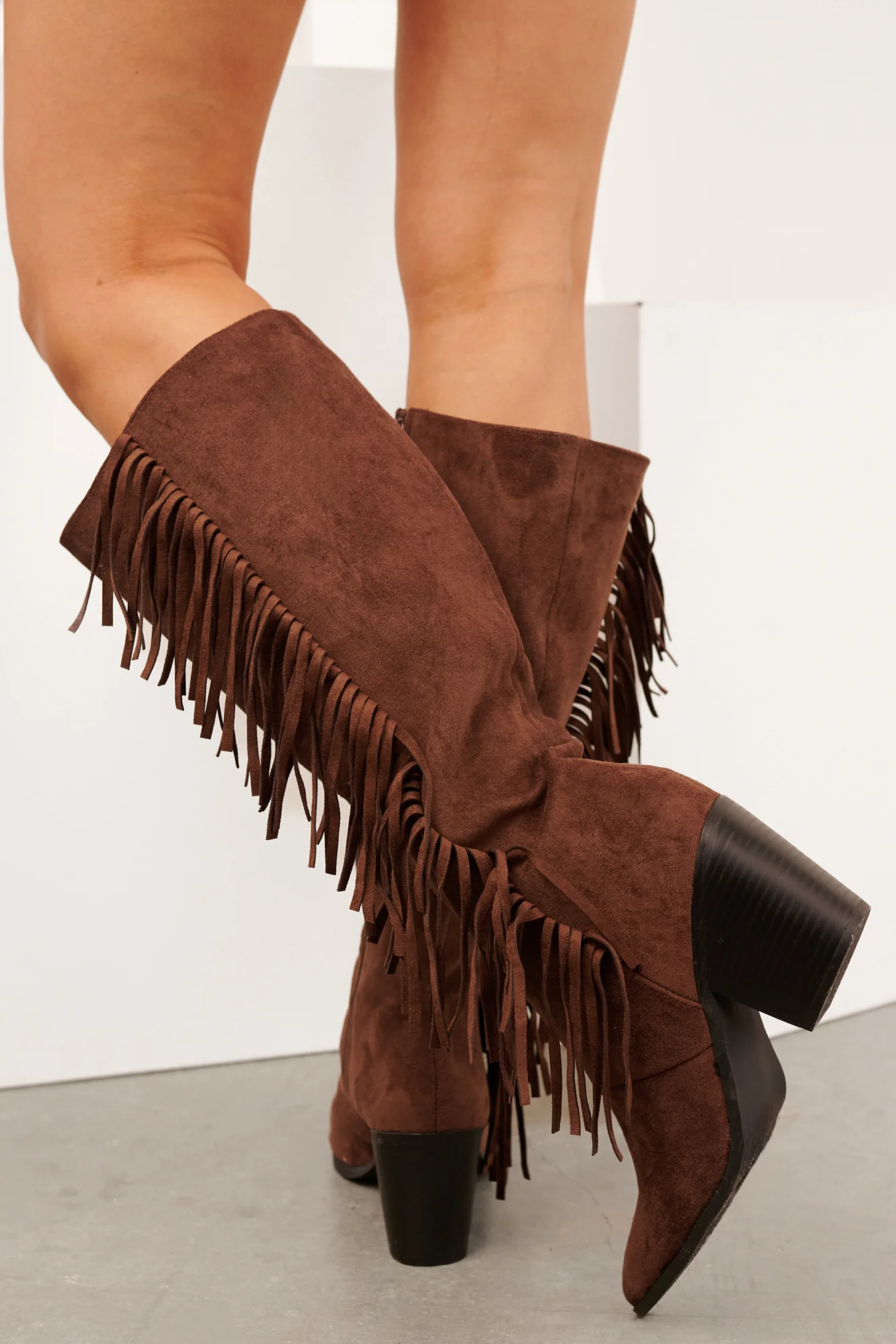 Harvest Heart Faux Suede Fringe Detail Boots (Brown) - Image 4