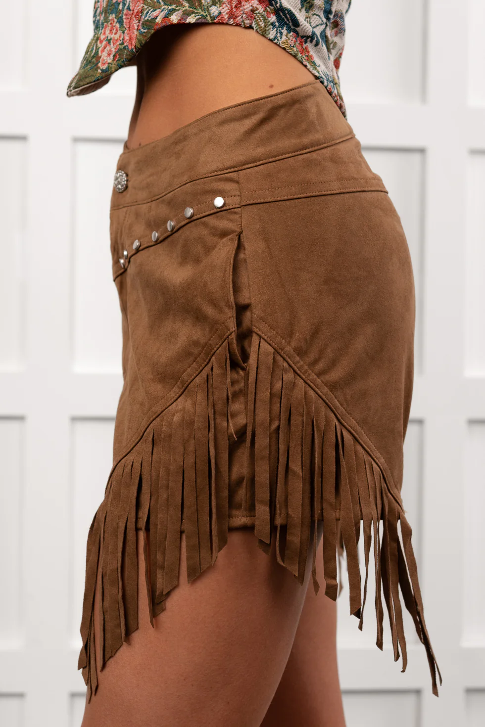 Hats Off Here High Rise Suede Fringe Shorts (Mocha) - Image 4