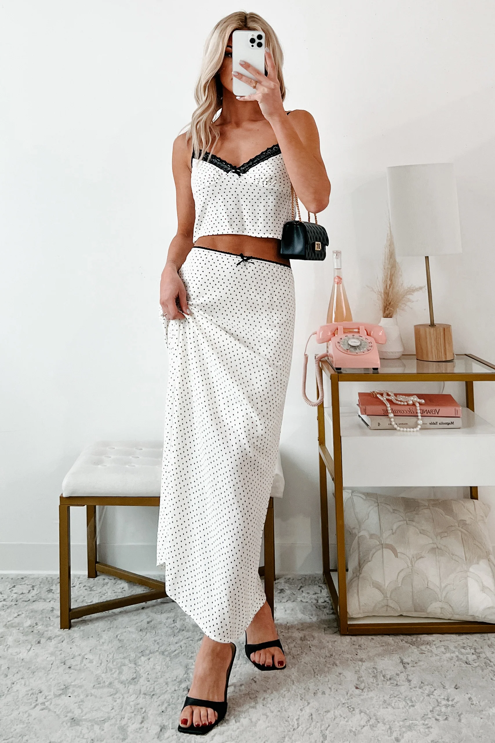 Headed To Brunch Heart Print Cami & Skirt Set (Cream/Black) - Image 6