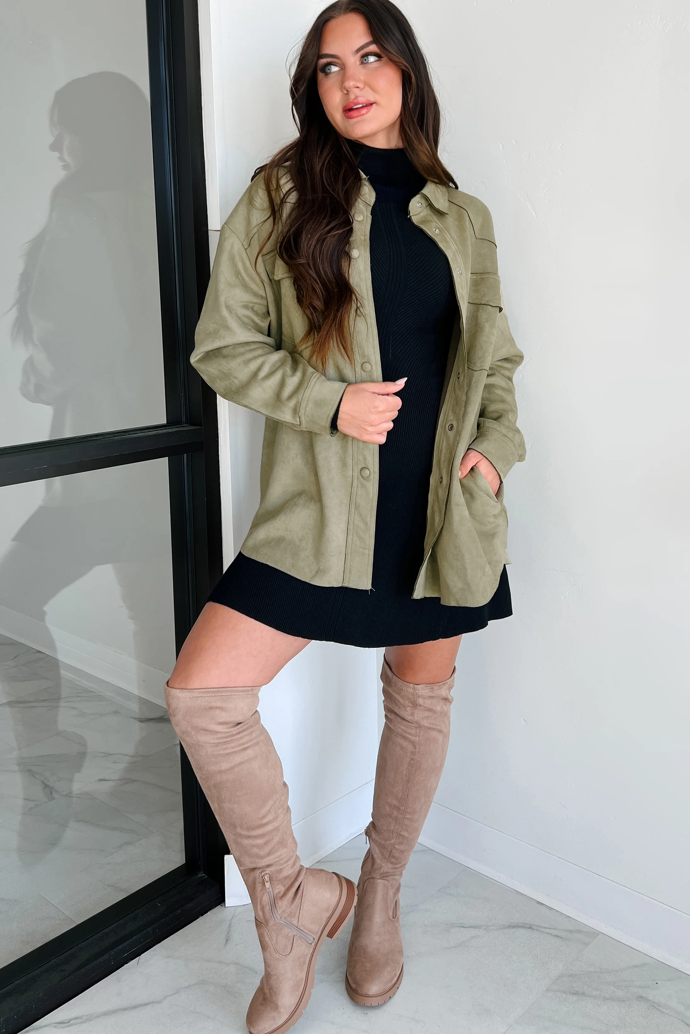 Heading To Town Oversized Faux Suede Shacket (Olive) - Image 6