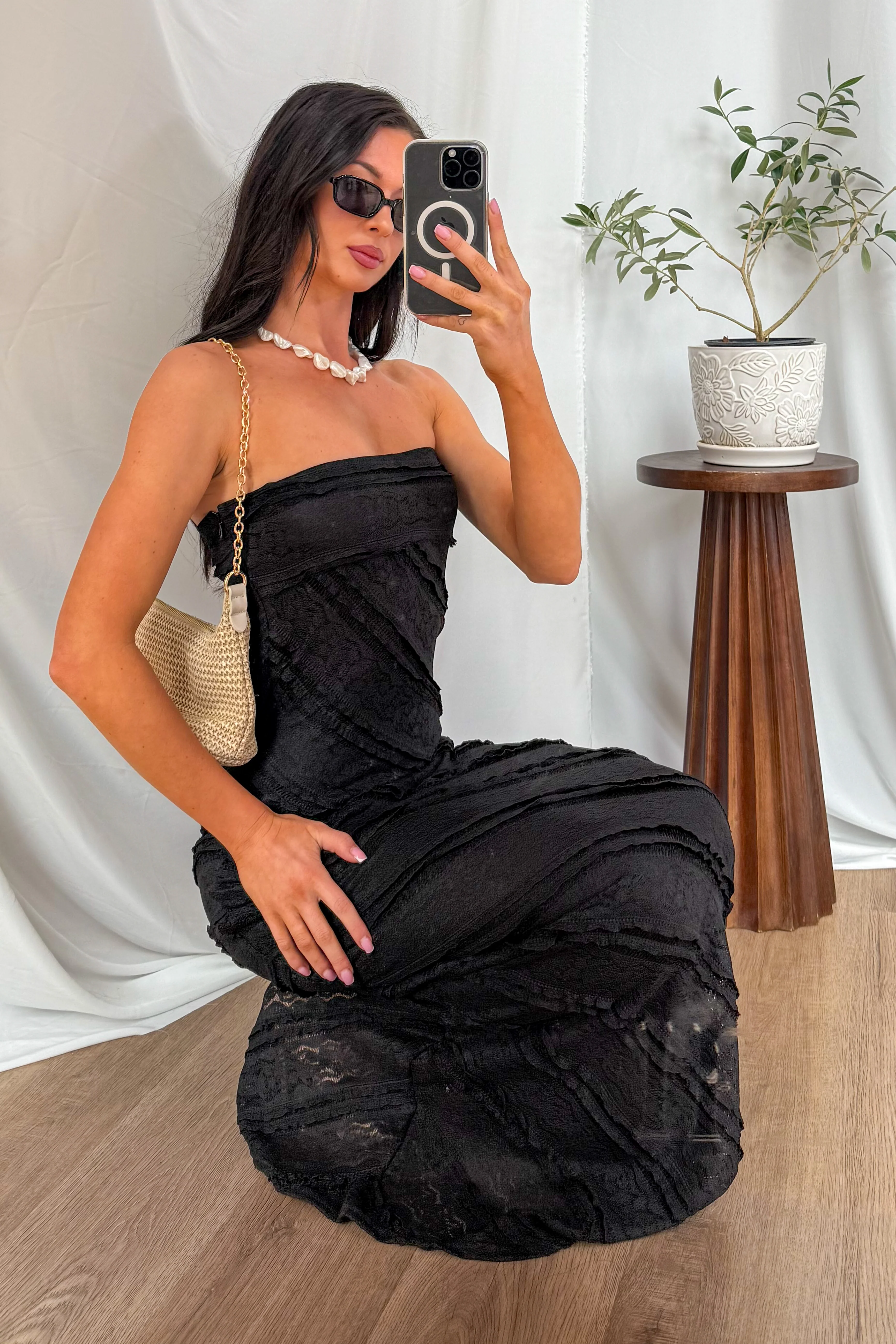 Hear Me Out Lace Strapless Maxi Dress (Black) - Image 4