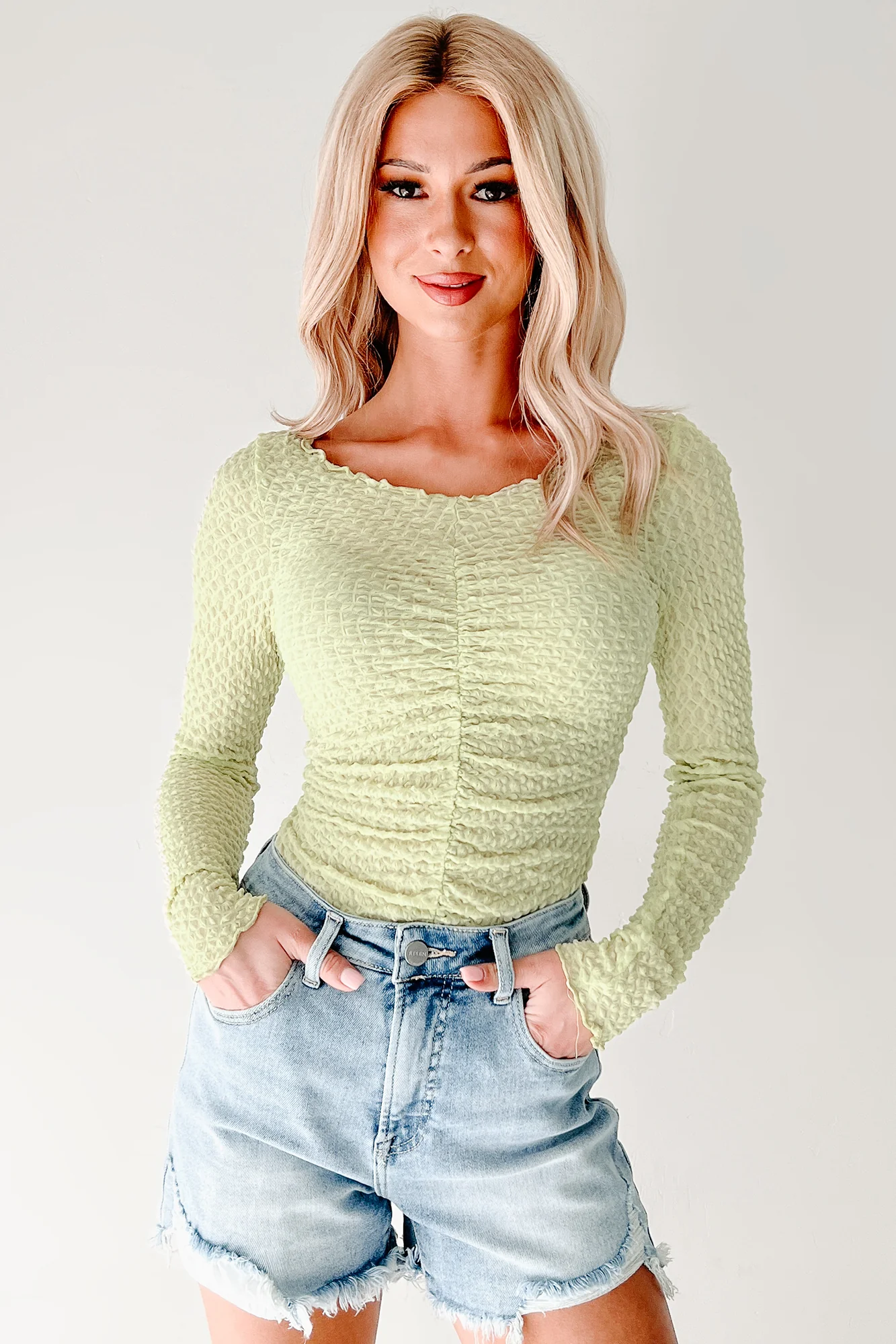 Heart Skipping Textured Long Sleeve Top (Green Tea) - Image 5