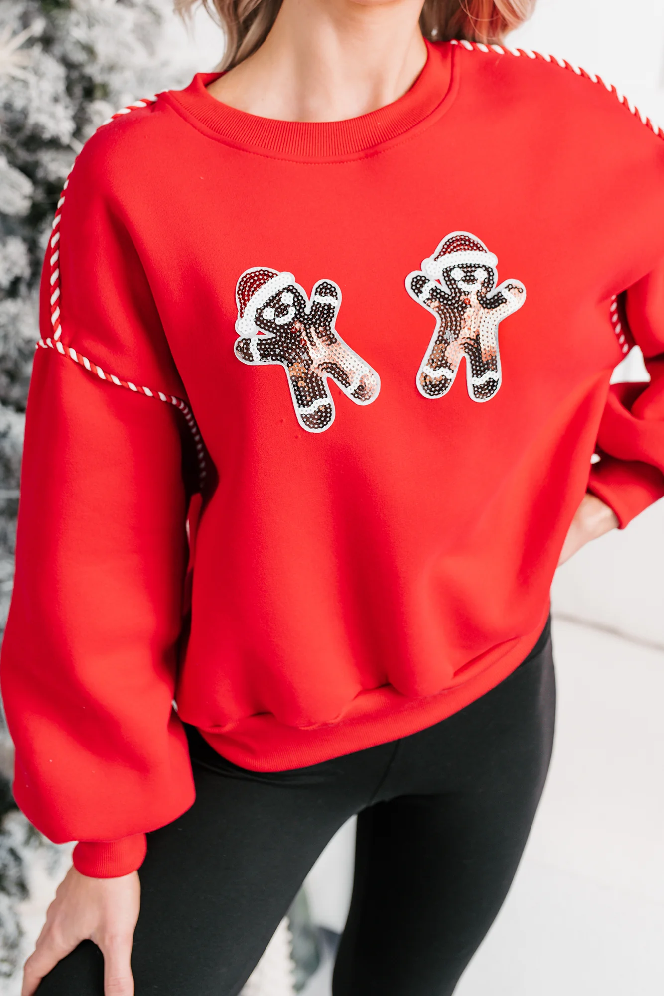 Hearth & Holly Gingerbread Men Sequin Sweater (Red) - Image 4