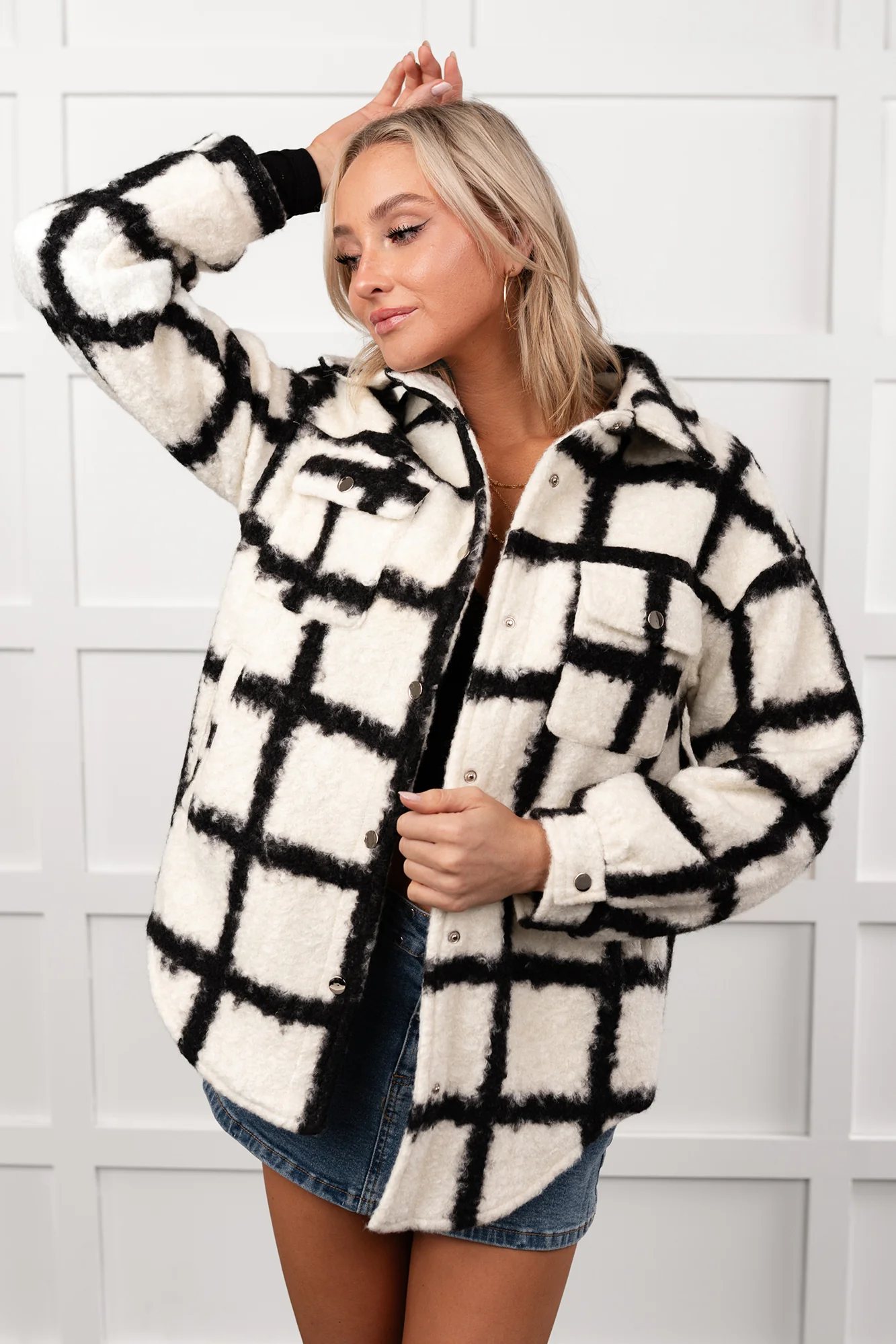 Hearth Light Grid Print Brushed Fleece Coat (Black) - Image 4