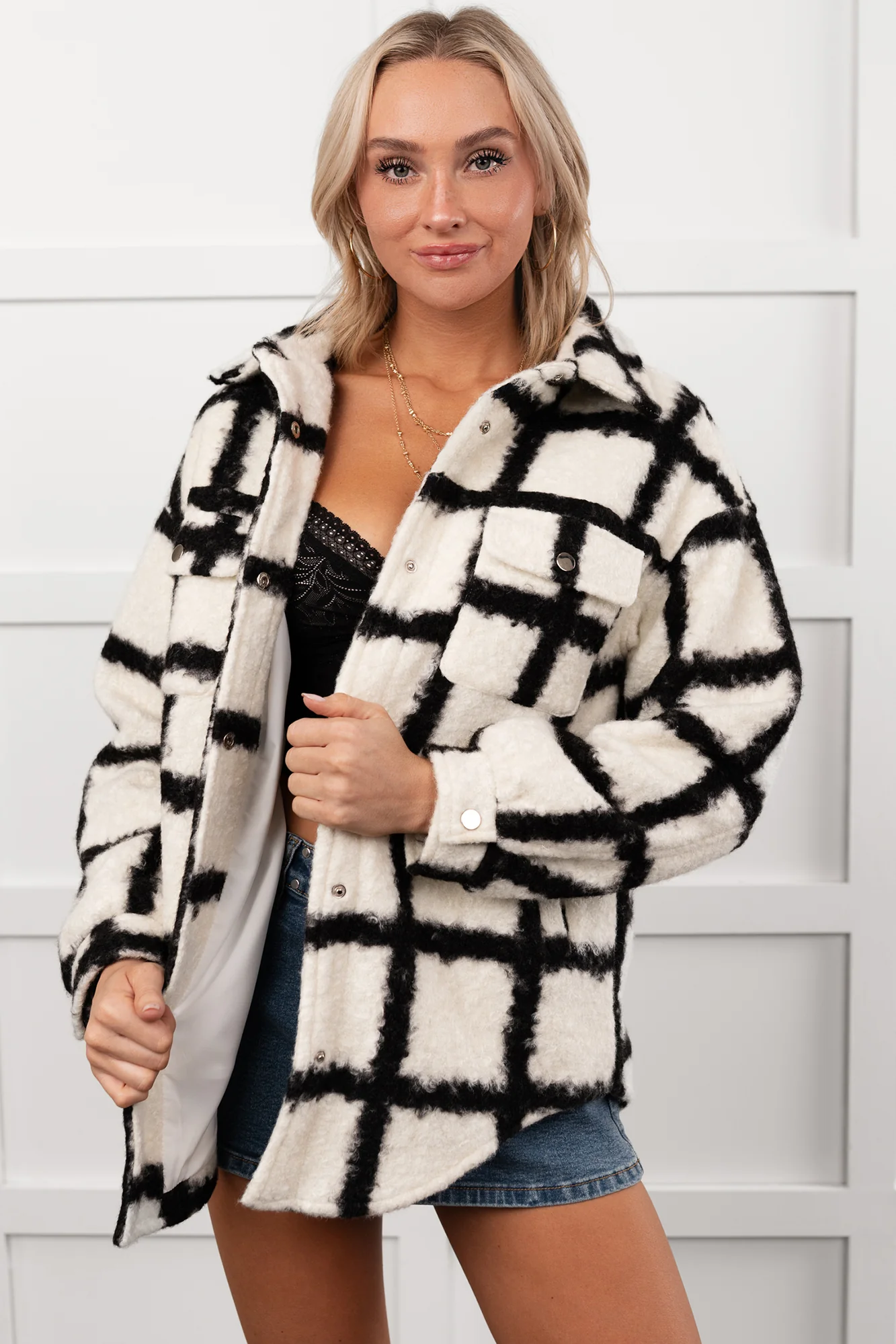 Hearth Light Grid Print Brushed Fleece Coat (Black) - Image 9