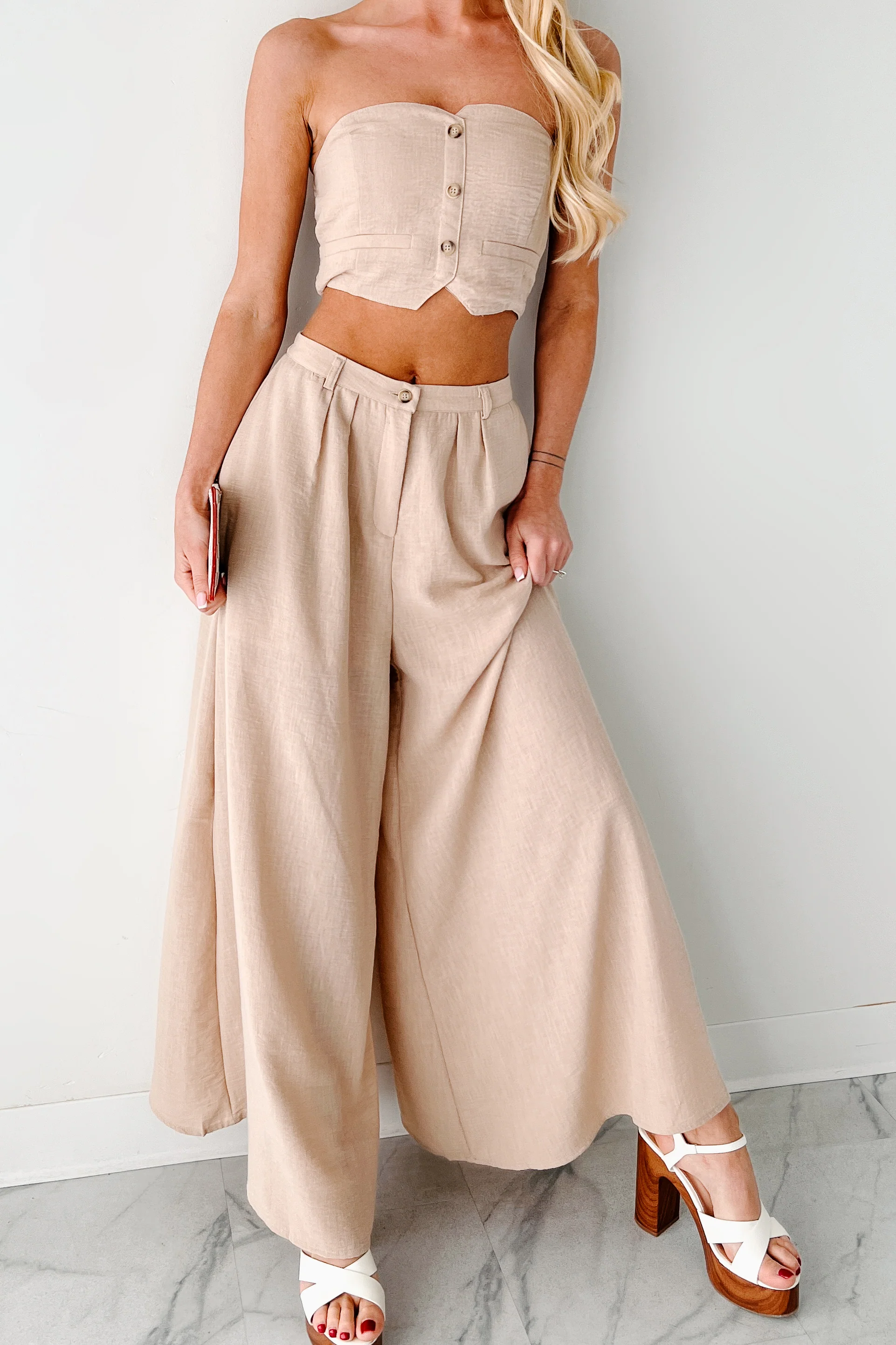 Heartthrob Moments Strapless Crop Top & Pant Set (Beige) - Image 2