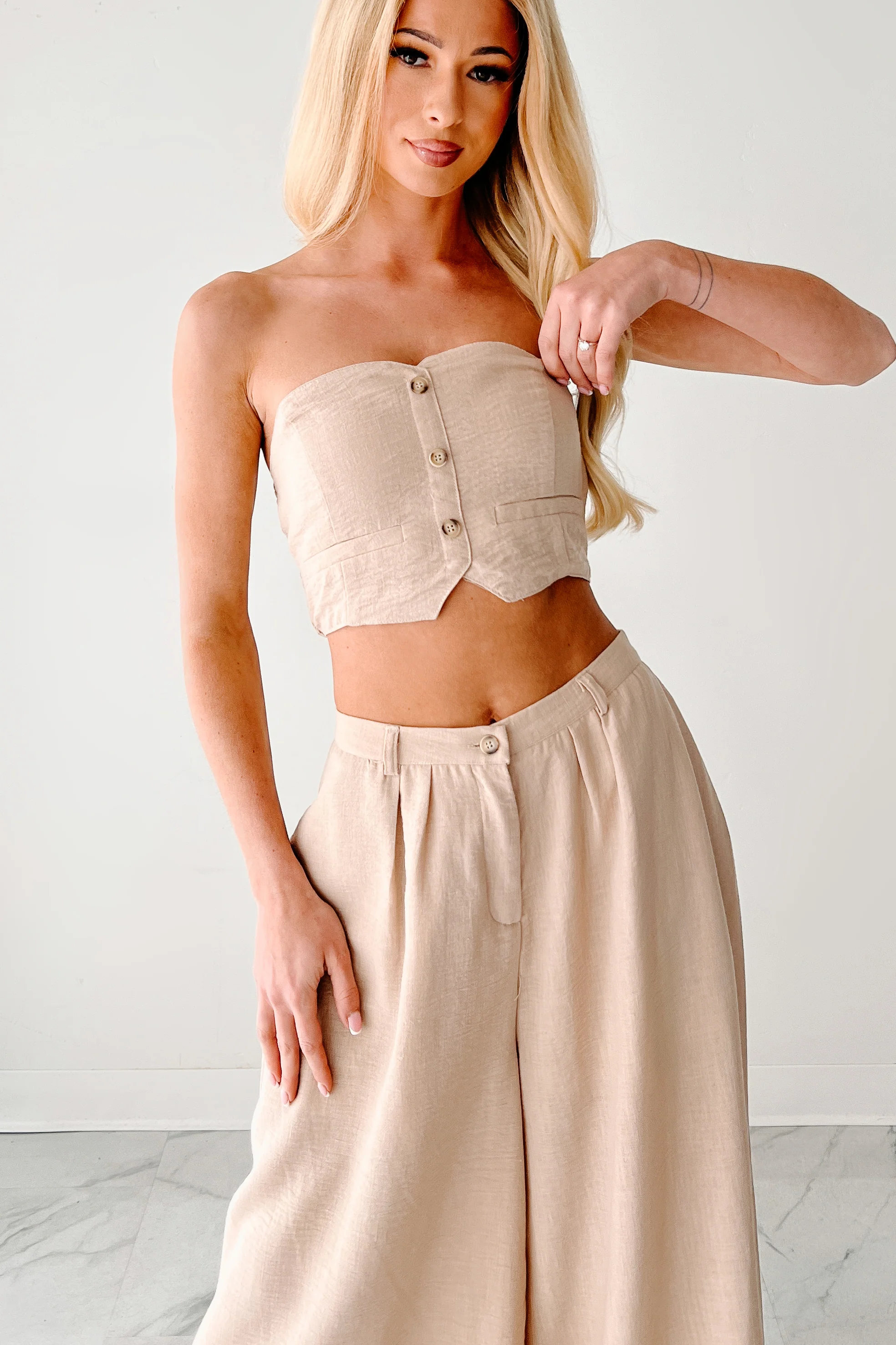 Heartthrob Moments Strapless Crop Top & Pant Set (Beige) - Image 7