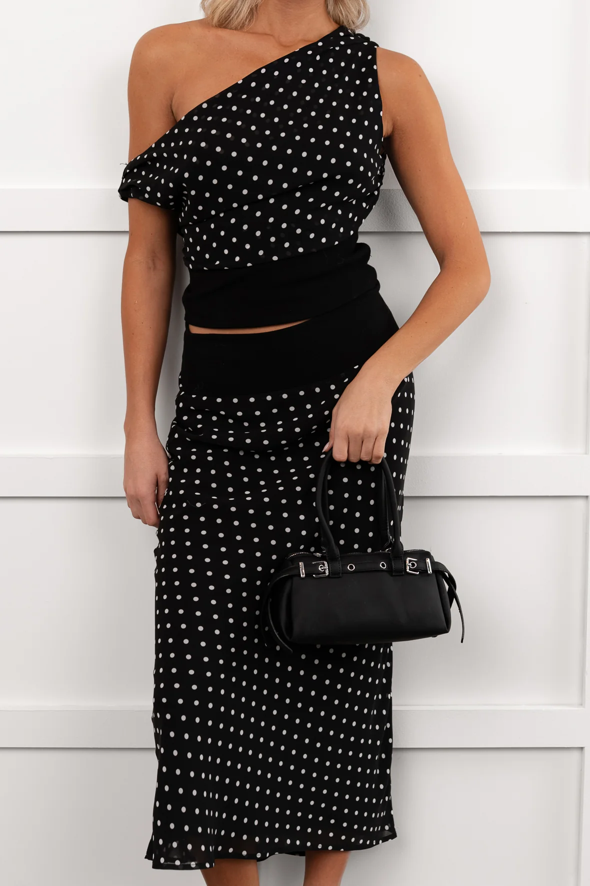 Heat Of It Polka-Dot One Shoulder Top Midi Skirt Set (Black/White) - Image 3