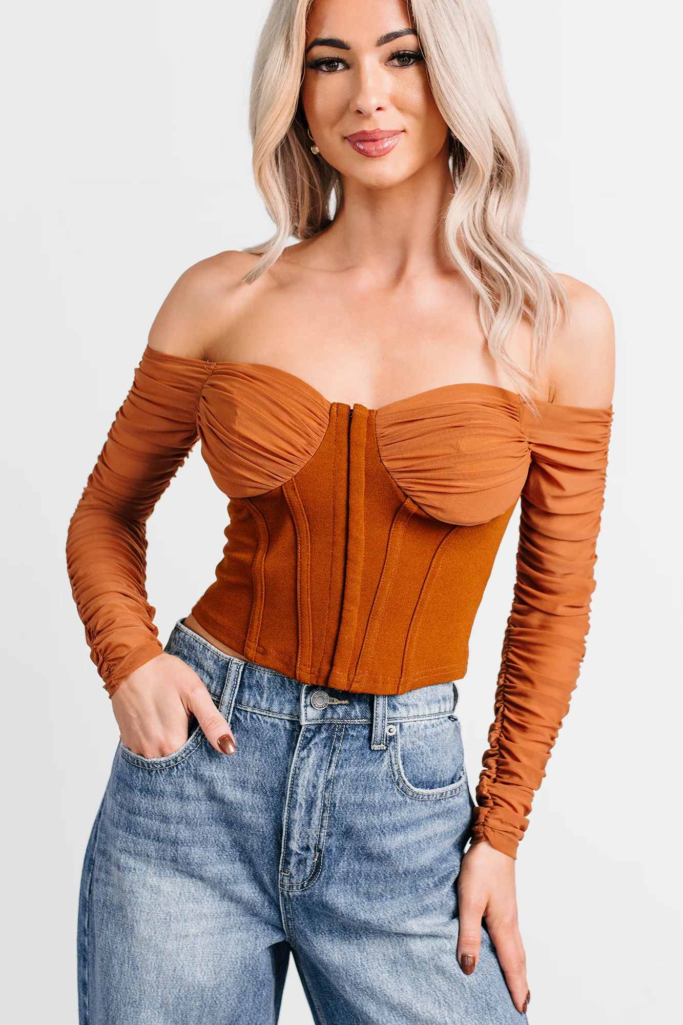 Her Reign Mesh Off The Shoulder Crop Top (Cappuccino) - Image 2