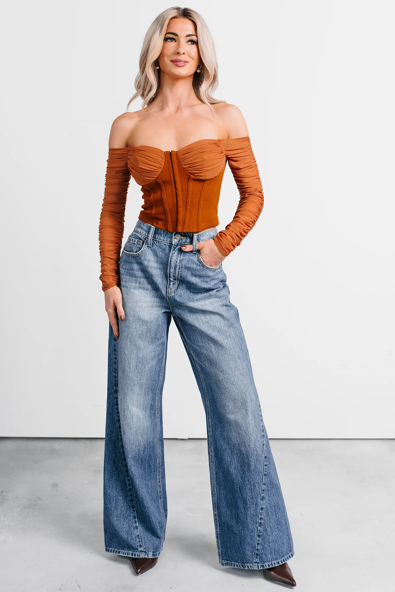 Her Reign Mesh Off The Shoulder Crop Top (Cappuccino) - Image 3