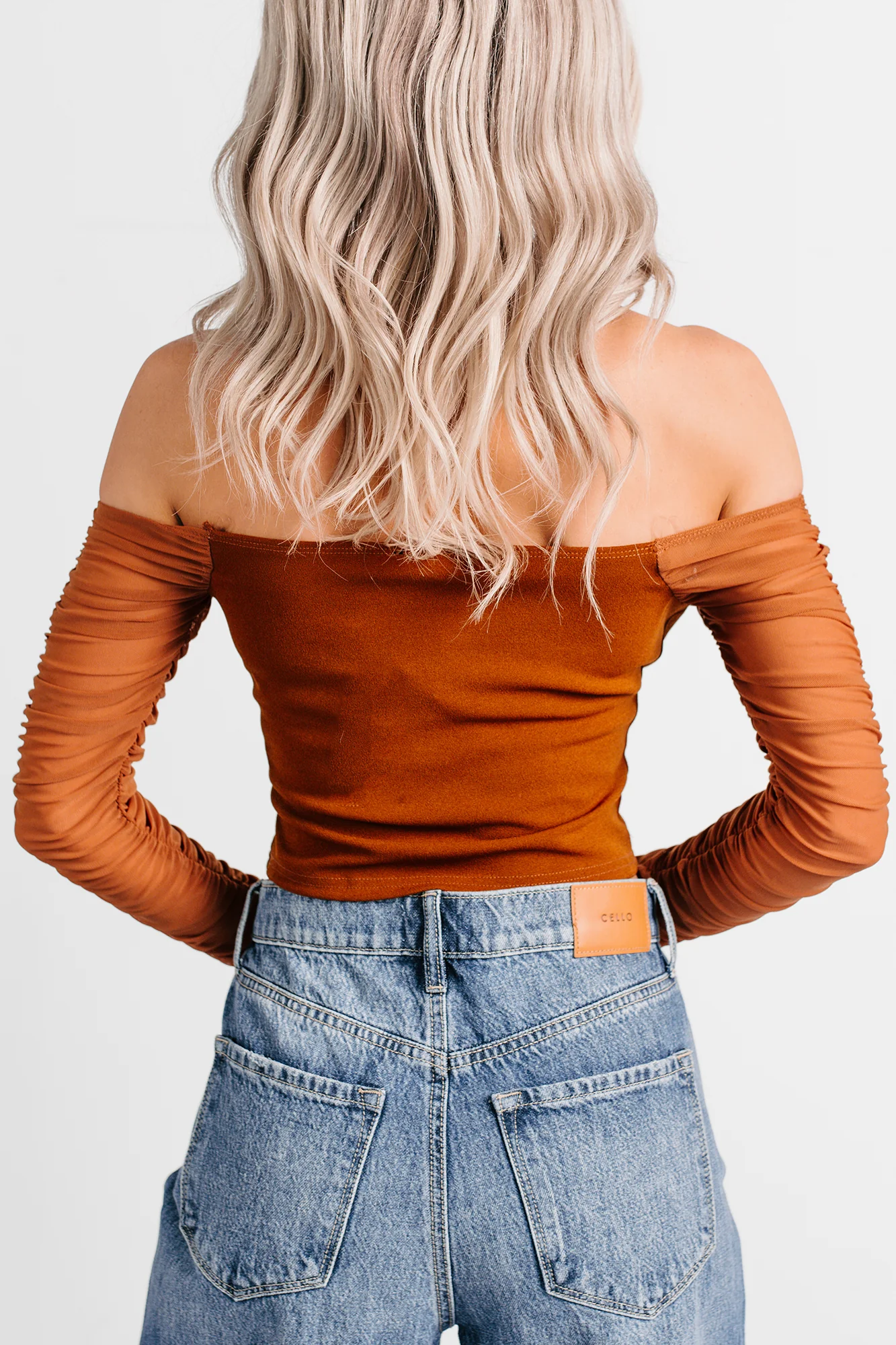 Her Reign Mesh Off The Shoulder Crop Top (Cappuccino) - Image 4