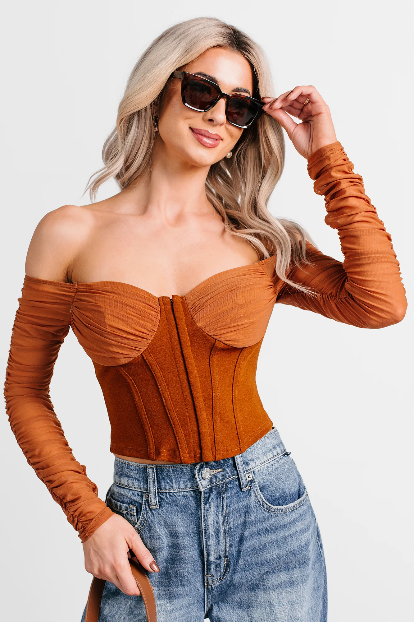 Her Reign Mesh Off The Shoulder Crop Top (Cappuccino) - Image 5