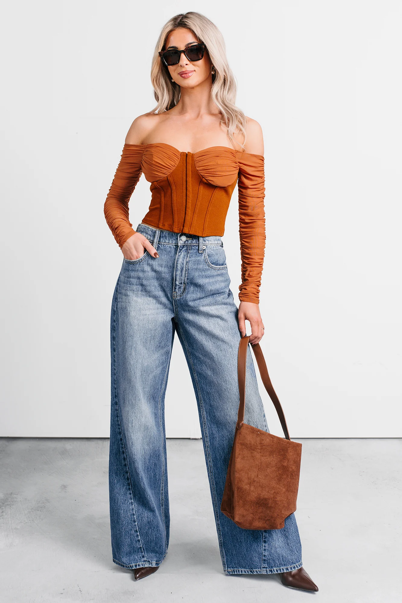 Her Reign Mesh Off The Shoulder Crop Top (Cappuccino) - Image 6