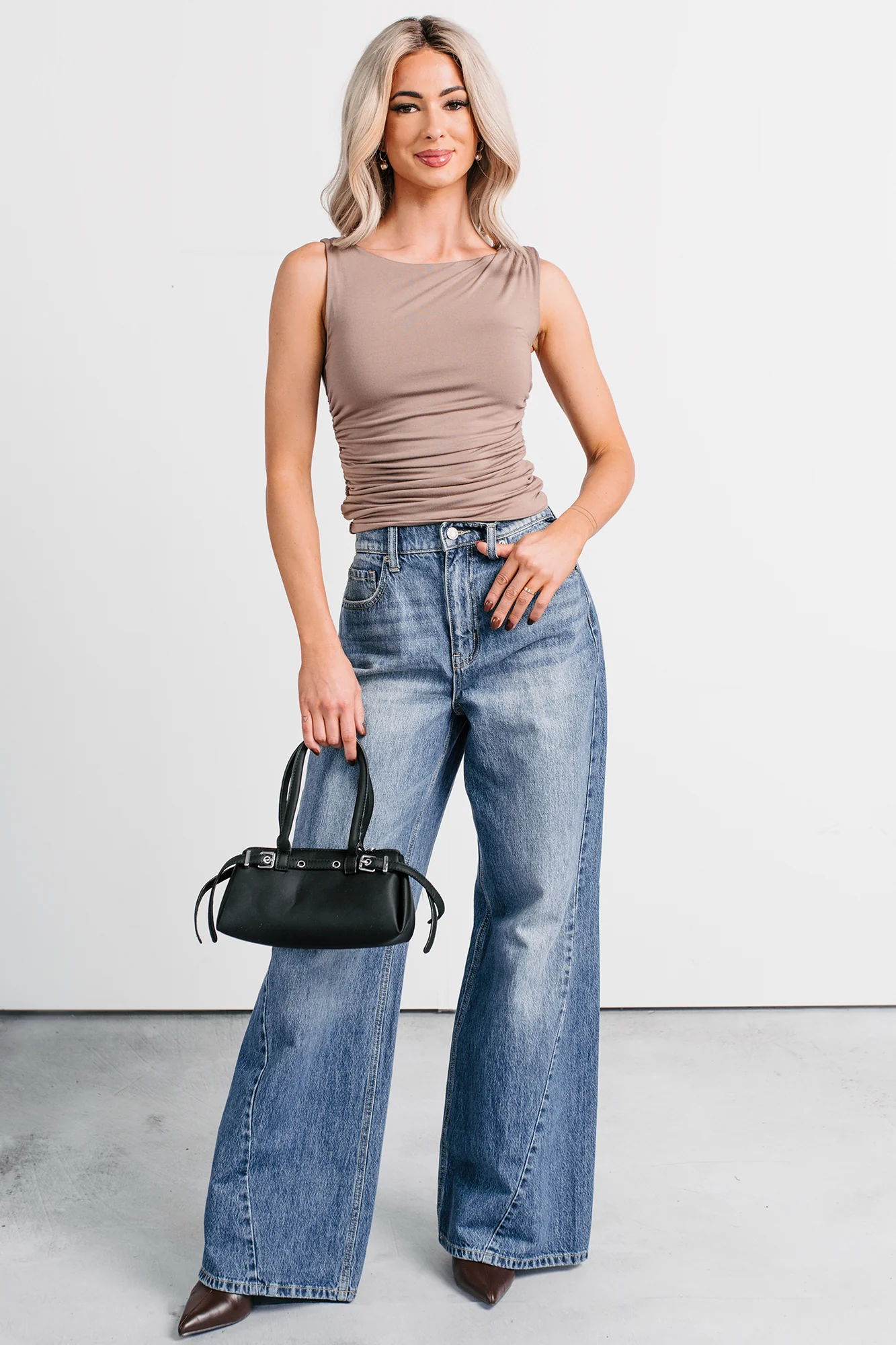 Her Tempo Sleeveless Ruched Side Top (Light Mocha) - Image 2