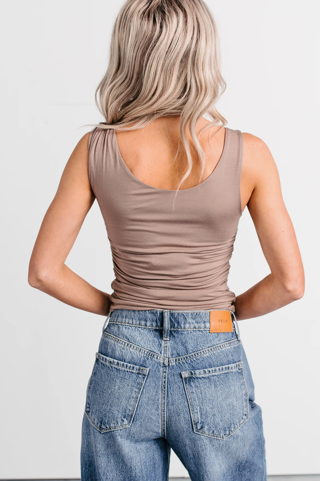 Her Tempo Sleeveless Ruched Side Top (Light Mocha) - Image 4