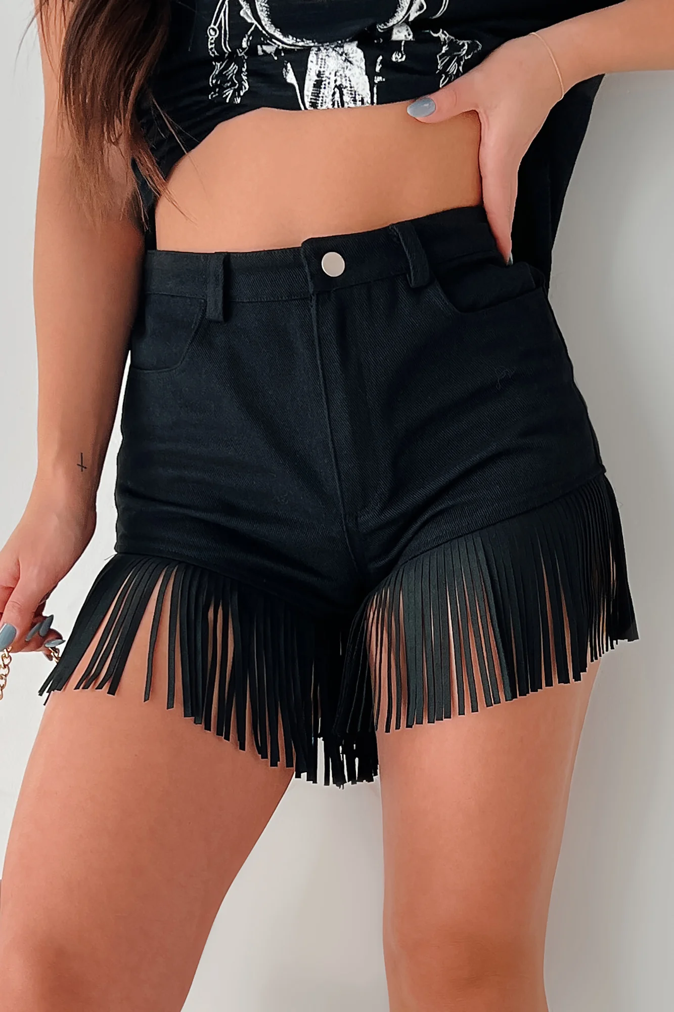 Here For A Good Time High Waist Fringed Shorts (Black Denim) - Image 6