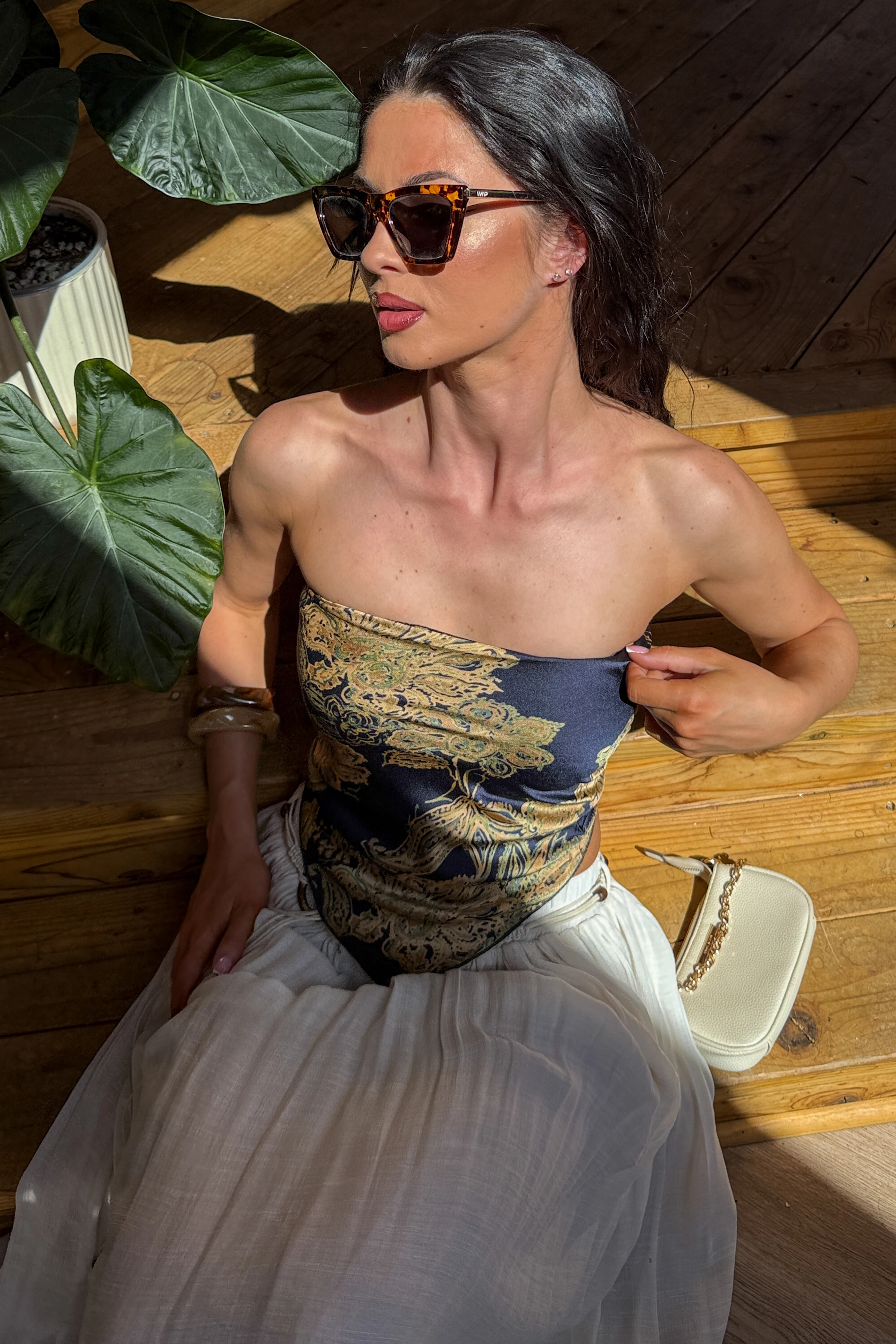 Hideaway Honey Paisley Satin Bandana Strapless Top (Navy) - Image 2
