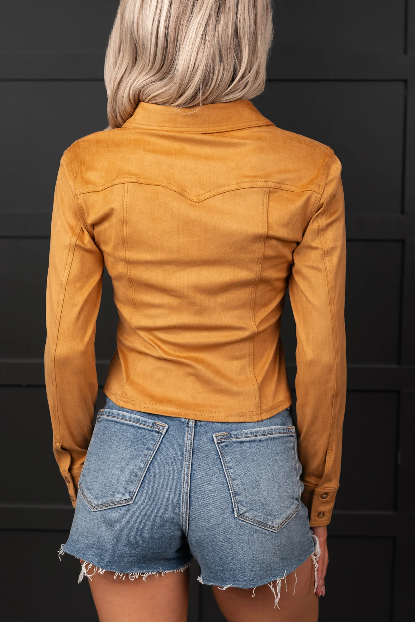 Hillbilly Honey Faux Suede Button-Up Top (Camel) - Image 6