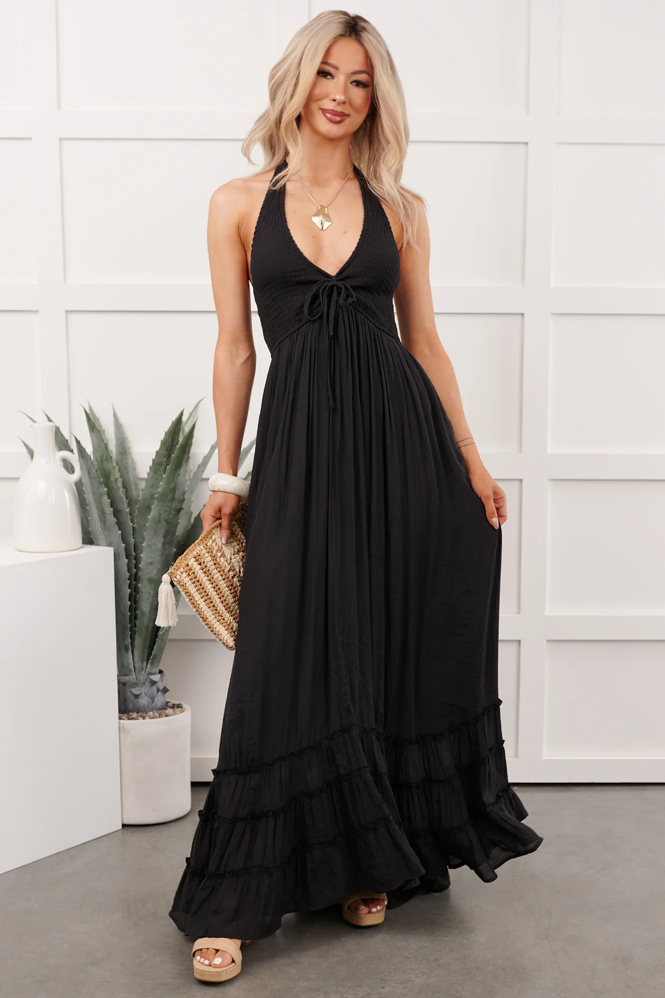 Hint Of Honey Halter Neck Maxi Dress (Black) - Image 2