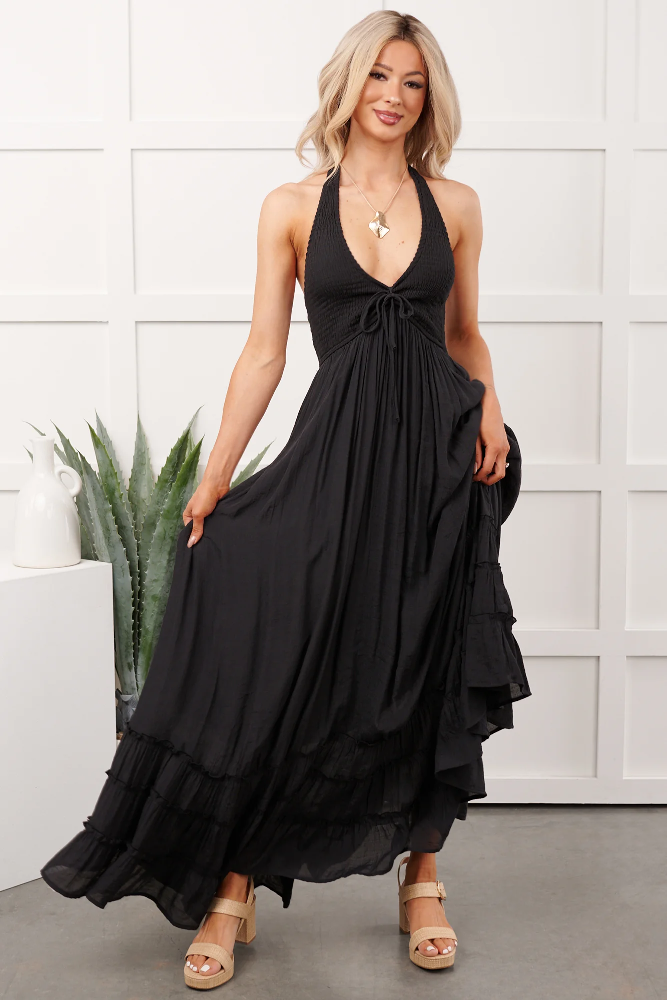 Hint Of Honey Halter Neck Maxi Dress (Black) - Image 4