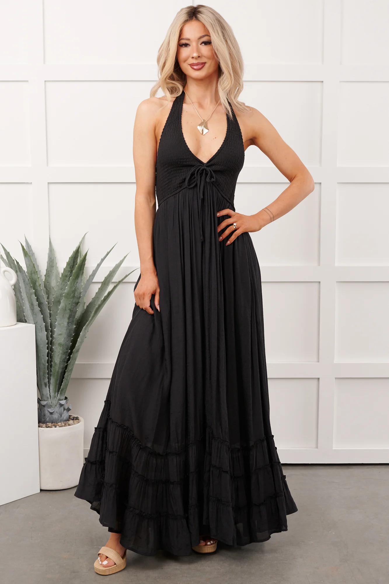 Hint Of Honey Halter Neck Maxi Dress (Black) - Image 5