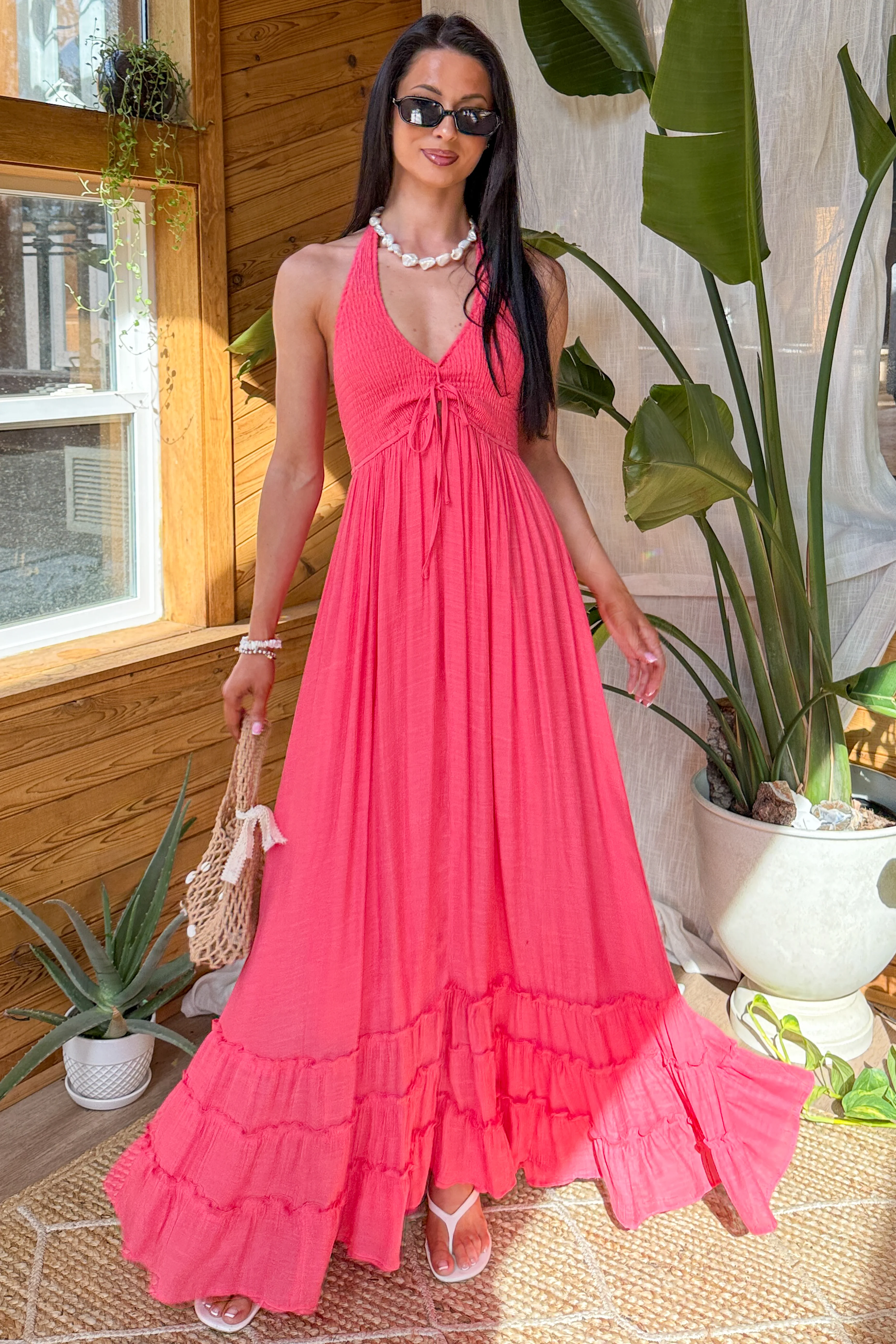 Hint Of Honey Halter Neck Maxi Dress (Coral Red) - Image 2