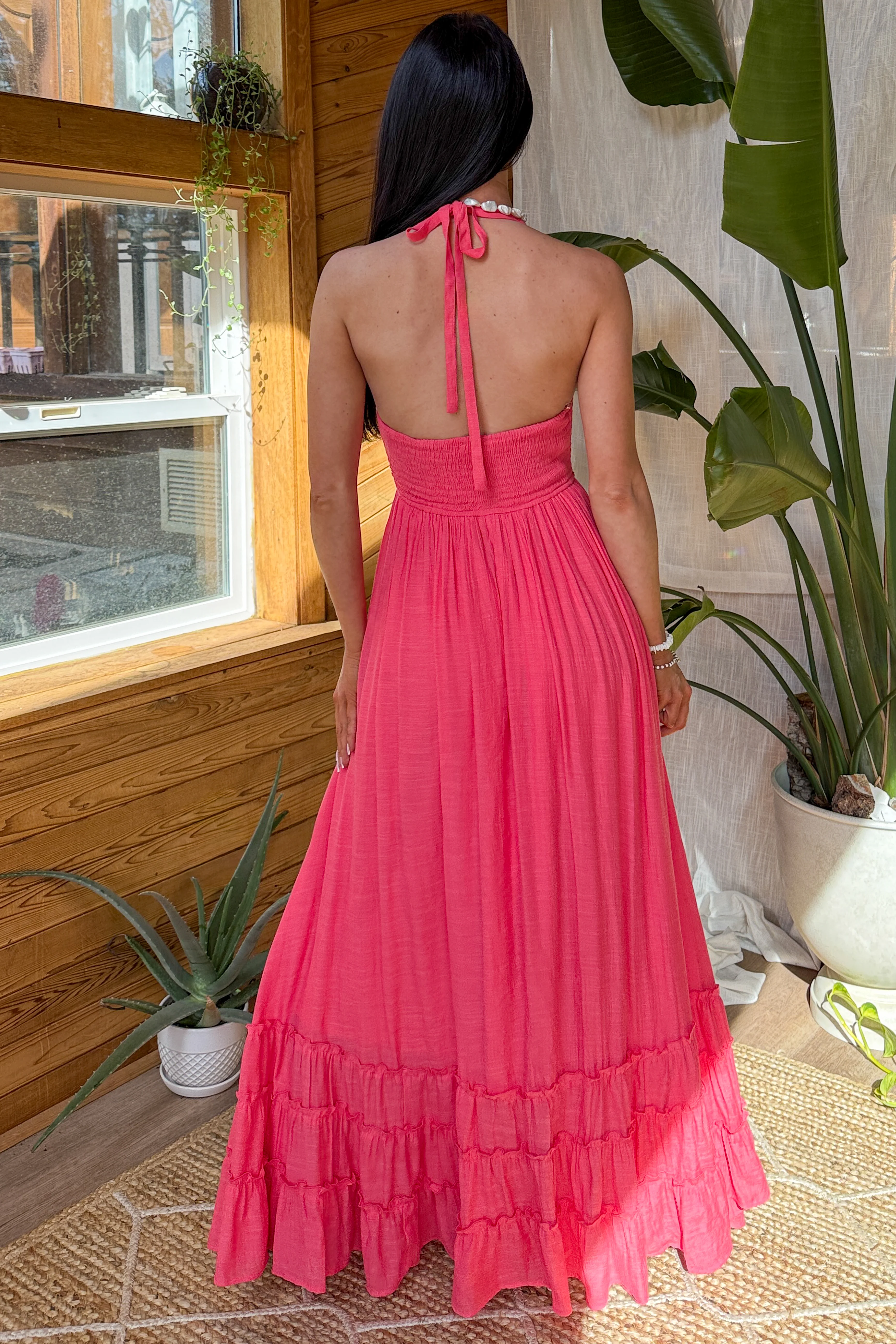 Hint Of Honey Halter Neck Maxi Dress (Coral Red) - Image 5